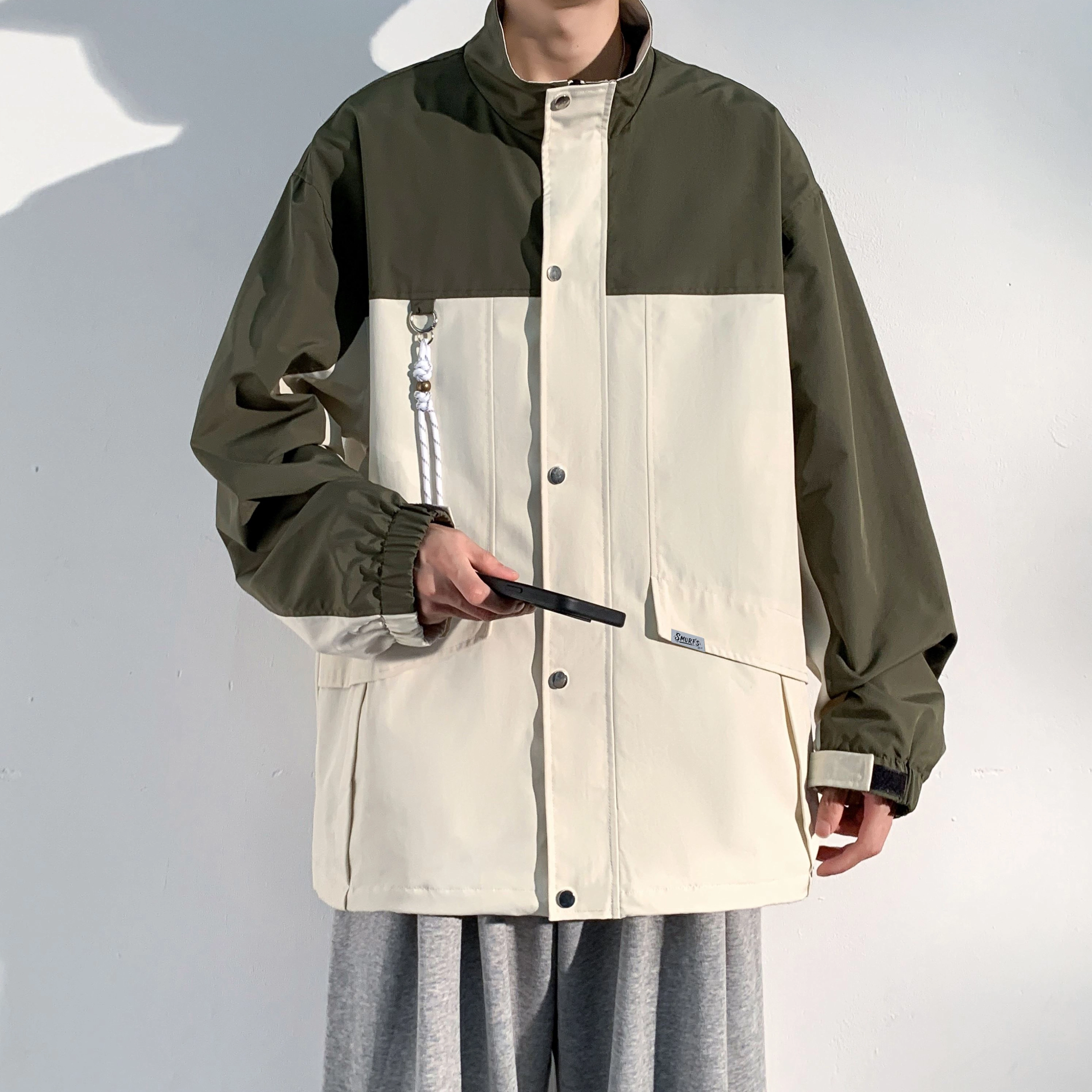 蓝精灵  防风防水户外机能风美式高街潮牌复古撞色拼接休闲翻领拉链开衫外套帅气情侣潮流百搭宽松飞行员教练山系夹克 男女同款