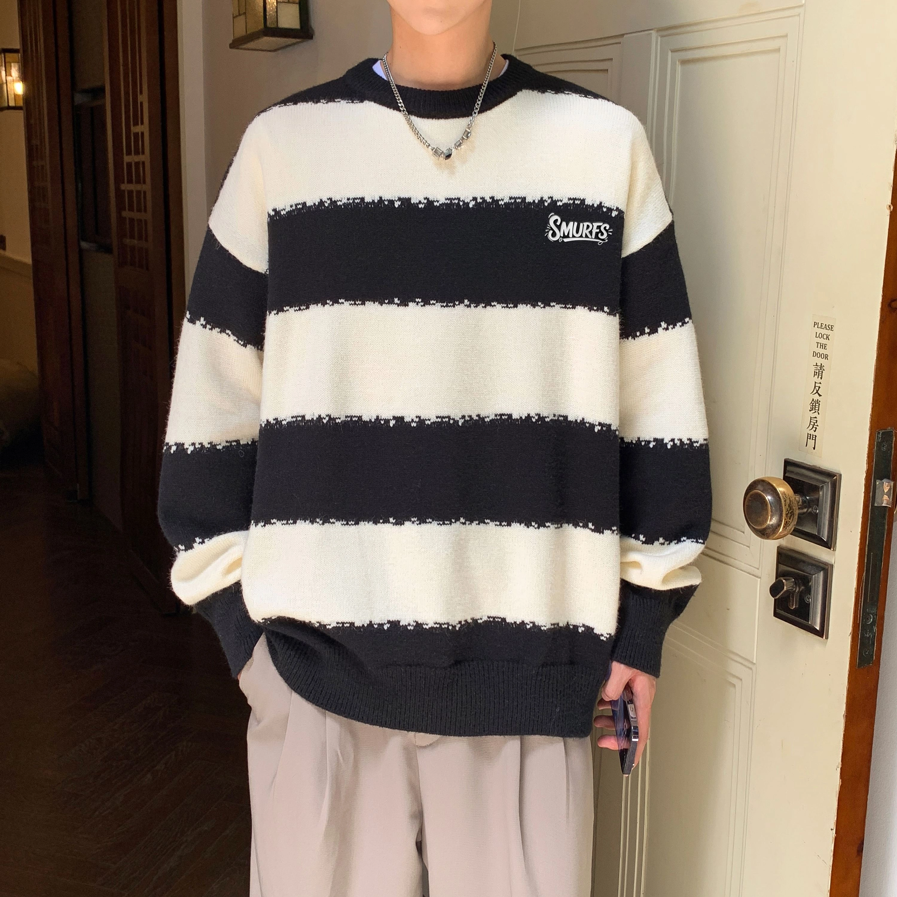 蓝精灵 显高显瘦遮肉美式高街潮牌简约条纹拼色慵懒风软糯保暖圆领套头毛线衣宽松舒适亲肤情侣潮流百搭时尚日常通勤休闲针织衫 男女同款