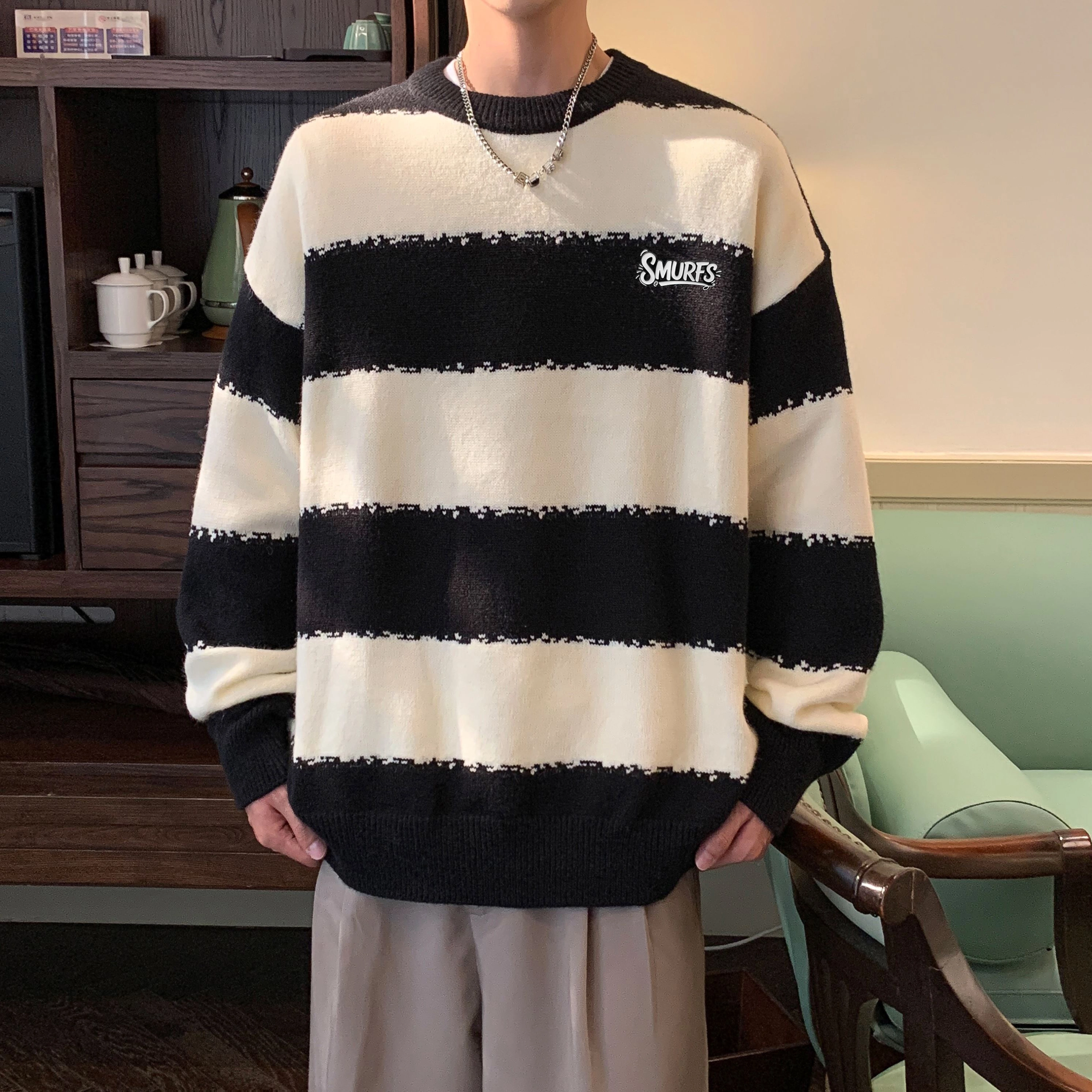 蓝精灵 显高显瘦遮肉美式高街潮牌简约条纹拼色慵懒风软糯保暖圆领套头毛线衣宽松舒适亲肤情侣潮流百搭时尚日常通勤休闲针织衫 男女同款