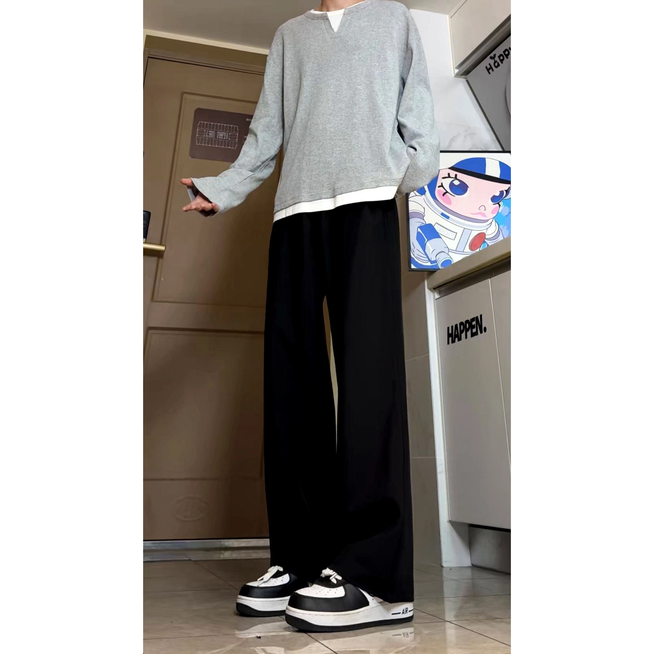 蓝精灵 三本针美式高街潮牌简约纯色基础款休闲宽松经典时尚高级感慵懒松弛感帅气舒适柔软垂感日常通勤出行百搭直筒西装裤 男女同款