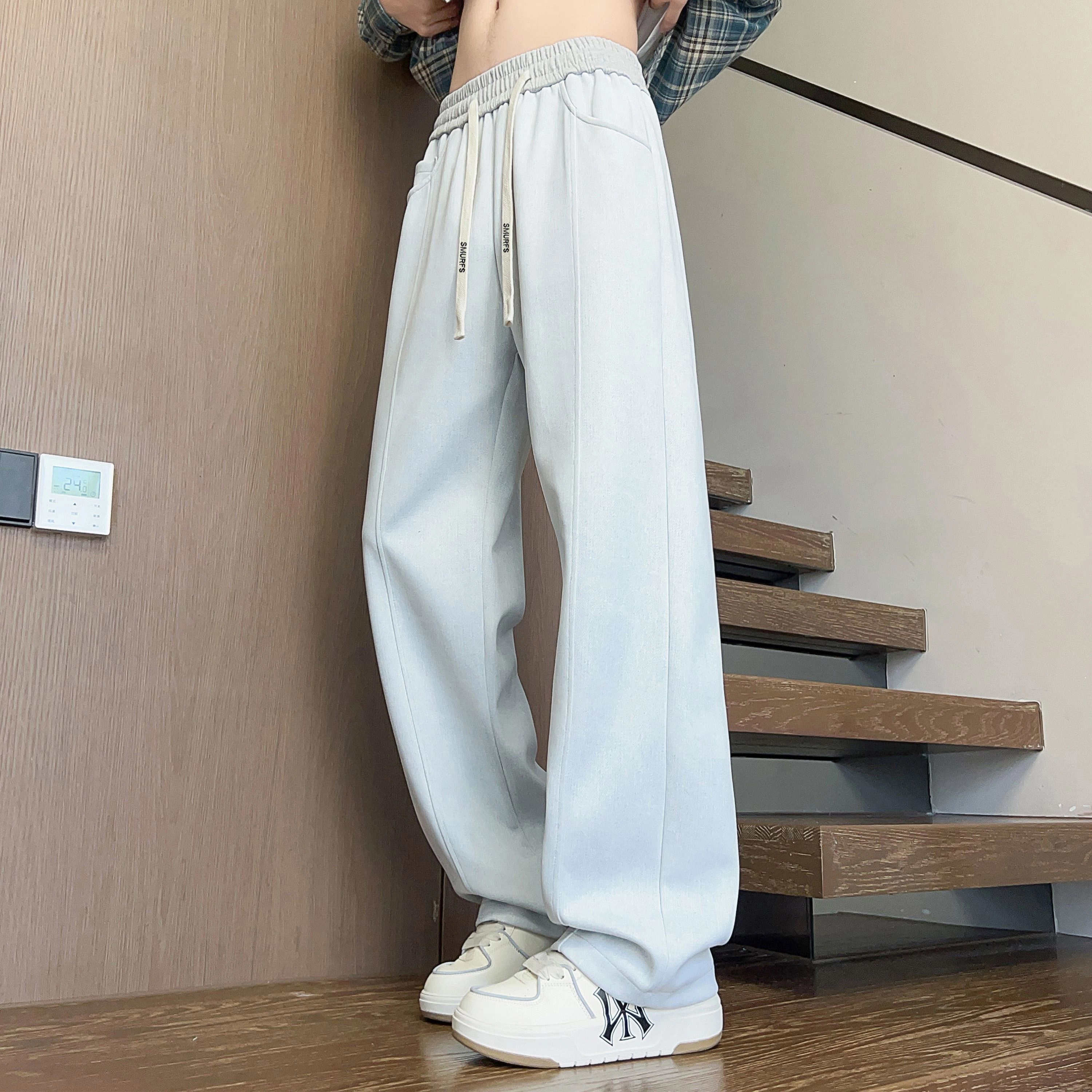 蓝精灵 显高显瘦显腿长垂感美式高街潮牌简约休闲扎染脏脏裤舒适柔软亲肤潮流百搭帅气时尚日常通勤系带宽松直筒阔腿针织运动裤 男女同款
