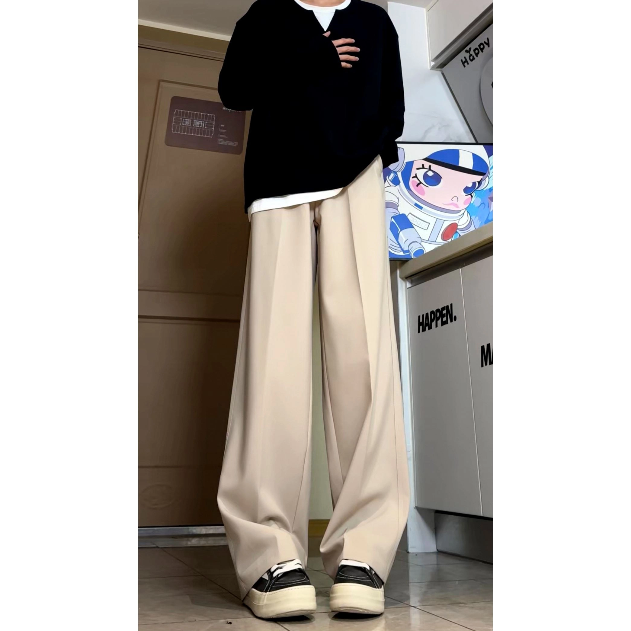 蓝精灵 三本针美式高街潮牌简约纯色基础款休闲宽松经典时尚高级感慵懒松弛感帅气舒适柔软垂感日常通勤出行百搭直筒西装裤 男女同款