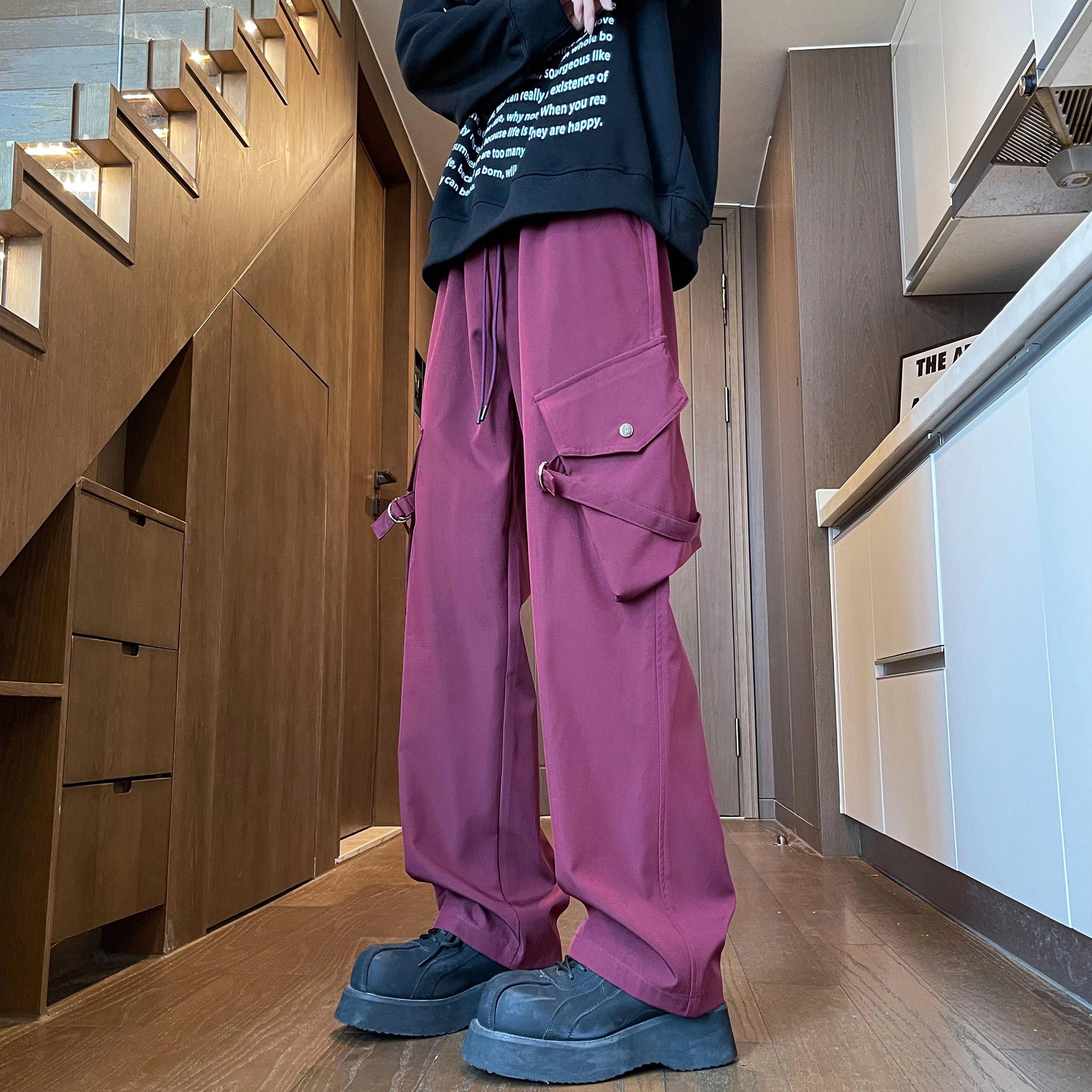 蓝精灵  美式高街潮牌纯色基础款简约显高显瘦帅气舒适城市户外机能风日常通勤情侣潮流百搭宽松直筒阔腿垂感休闲大口袋工装裤 男女同款