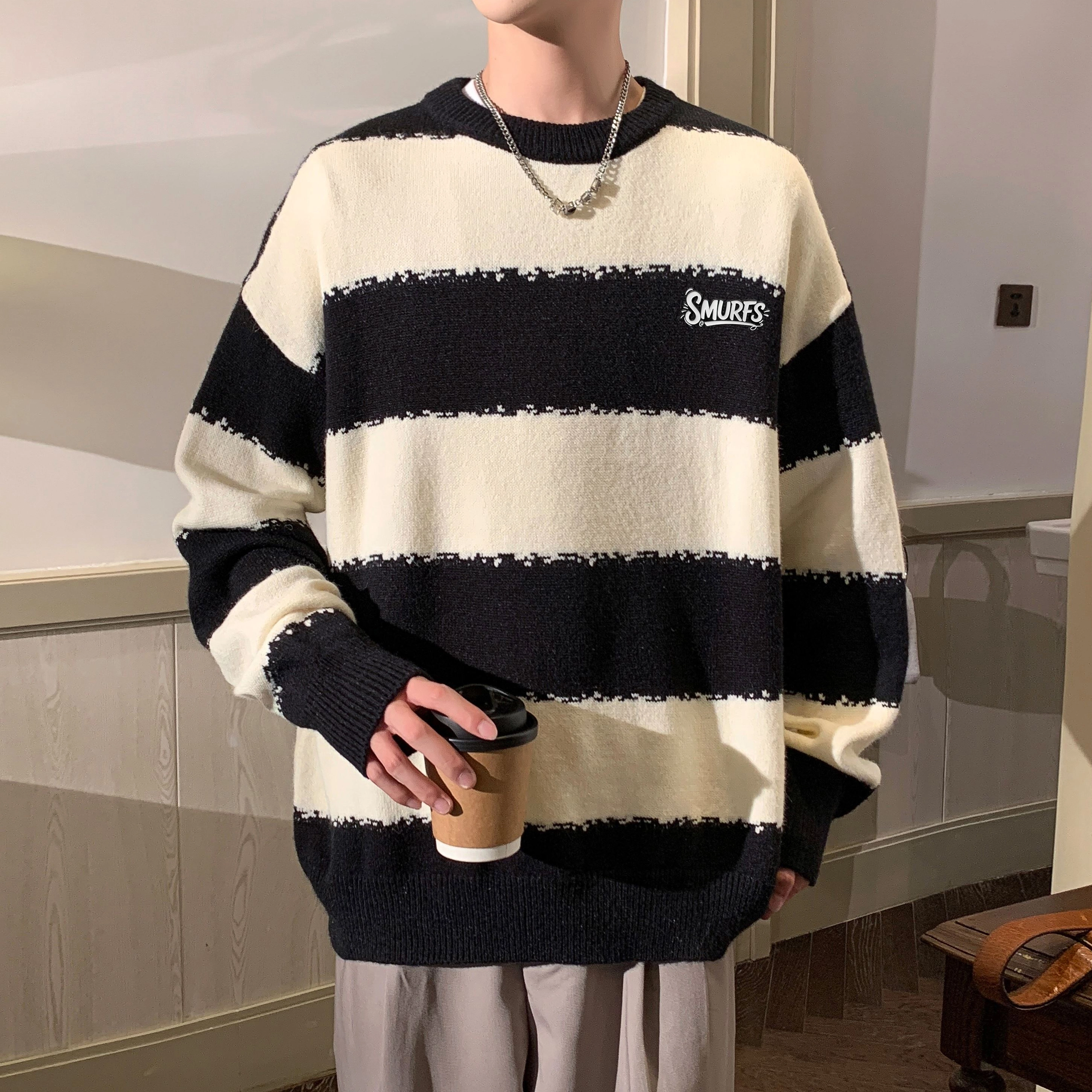 蓝精灵 显高显瘦遮肉美式高街潮牌简约条纹拼色慵懒风软糯保暖圆领套头毛线衣宽松舒适亲肤情侣潮流百搭时尚日常通勤休闲针织衫 男女同款