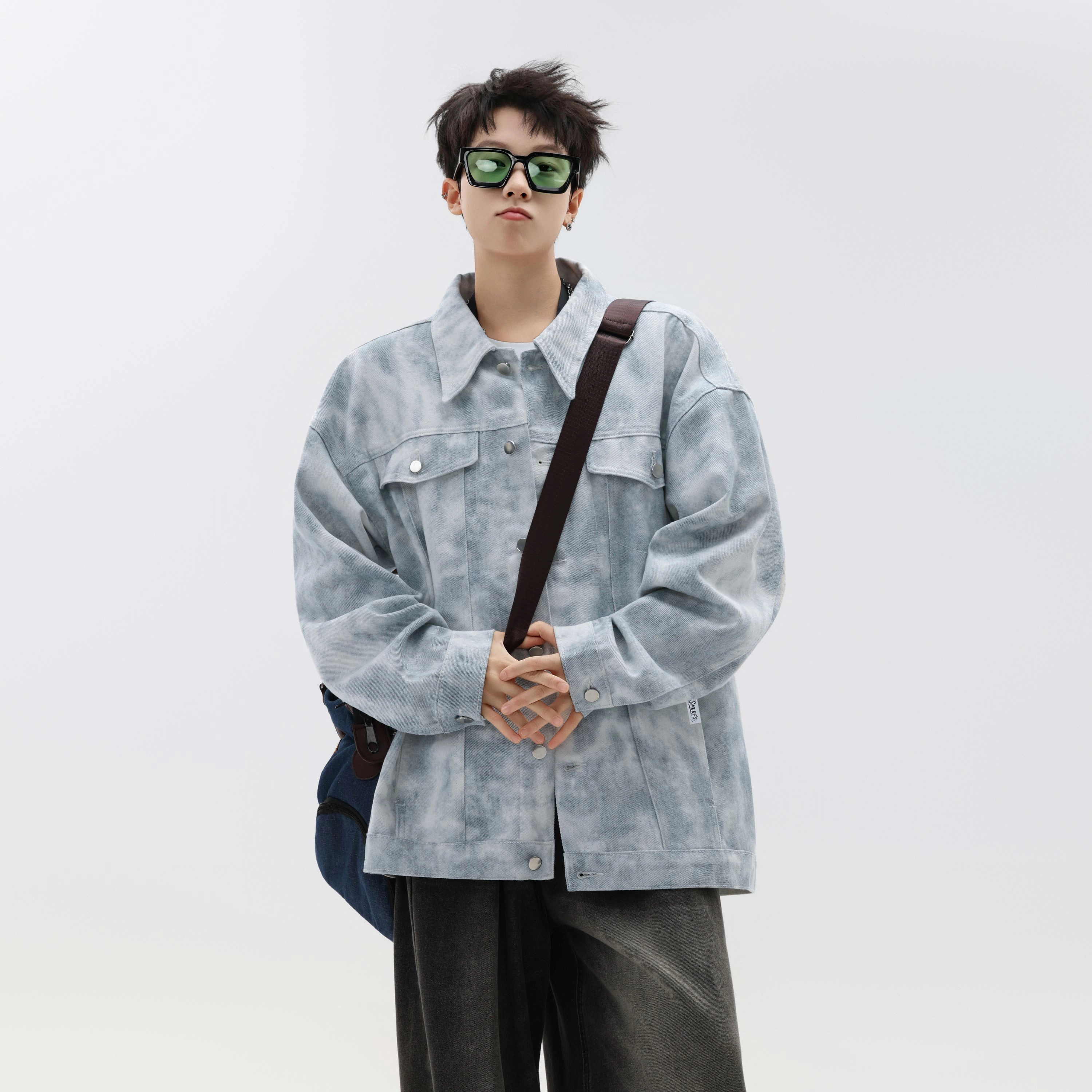 蓝精灵 美式复古高街潮牌水洗做旧扎染满印痞帅设计感显高显瘦开衫牛仔外套情侣潮流百搭宽松休闲翻领工装夹克 男女同款