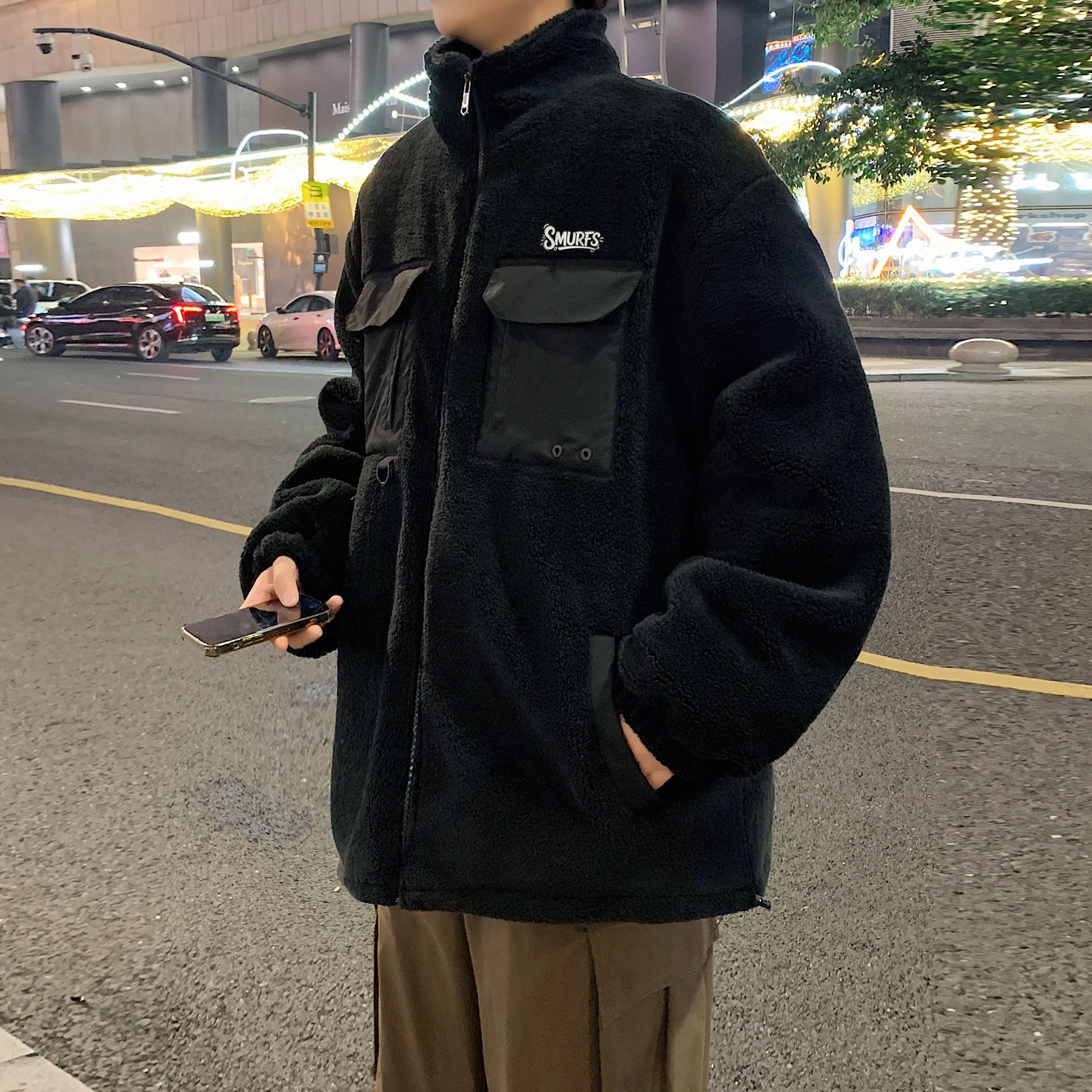 蓝精灵 显高显瘦羊羔毛加绒加厚保暖棉衣美式高街潮牌复古简约纯色休闲宽松棉袄子防风防寒休闲外套情侣潮流百搭帅气棉服 男女同款