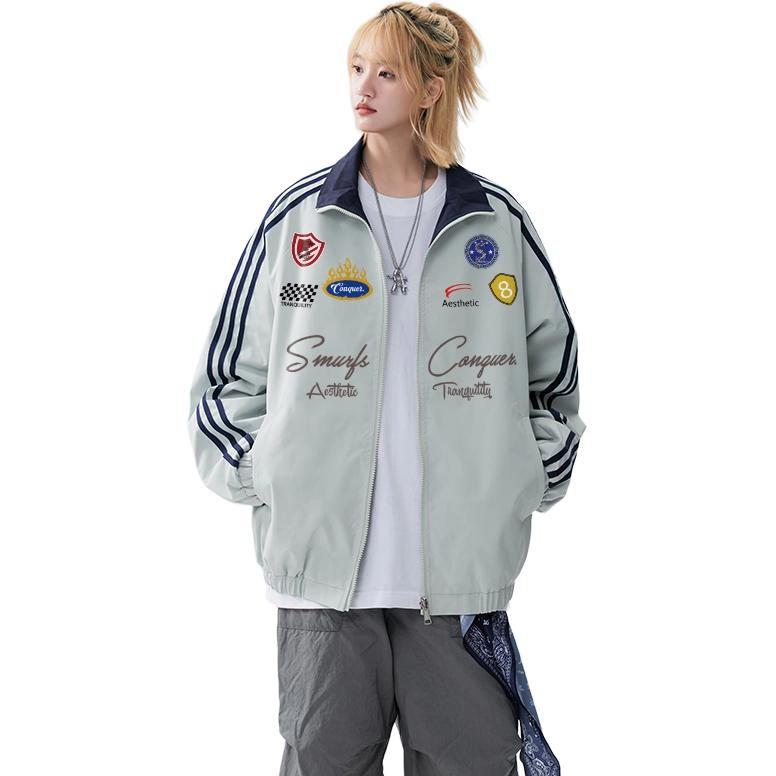 【Cleanfit棒球风】蓝精灵 潮流教练服勋章拼接嘻哈撞色双面穿立领秋冬运动机车风拉链休闲防风防溅水夹克外套 男女同款
