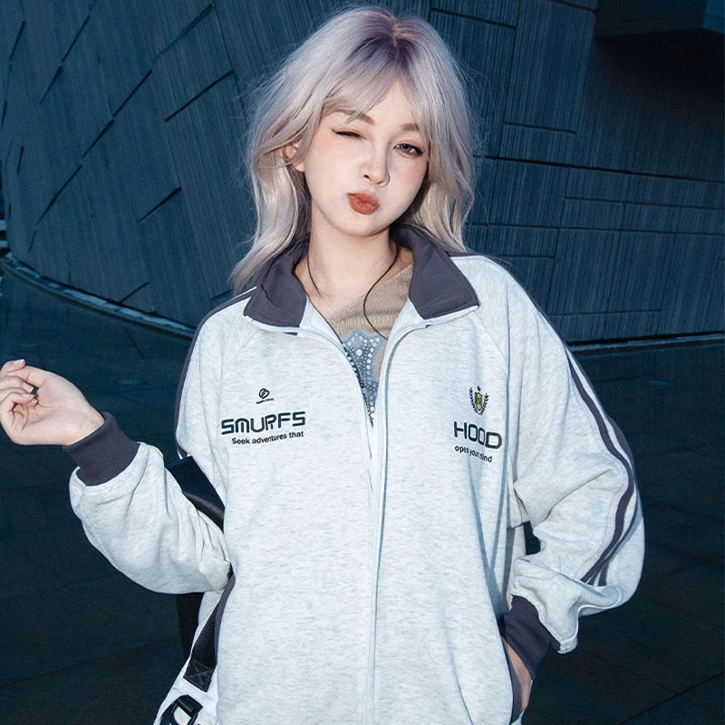 【Contrast学院风】蓝精灵 美式潮流教练服勋章字母印花撞色三条杠秋冬季立领拉链休闲拼接嘻哈设计感插肩袖开衫防风外套卫衣 男女同款