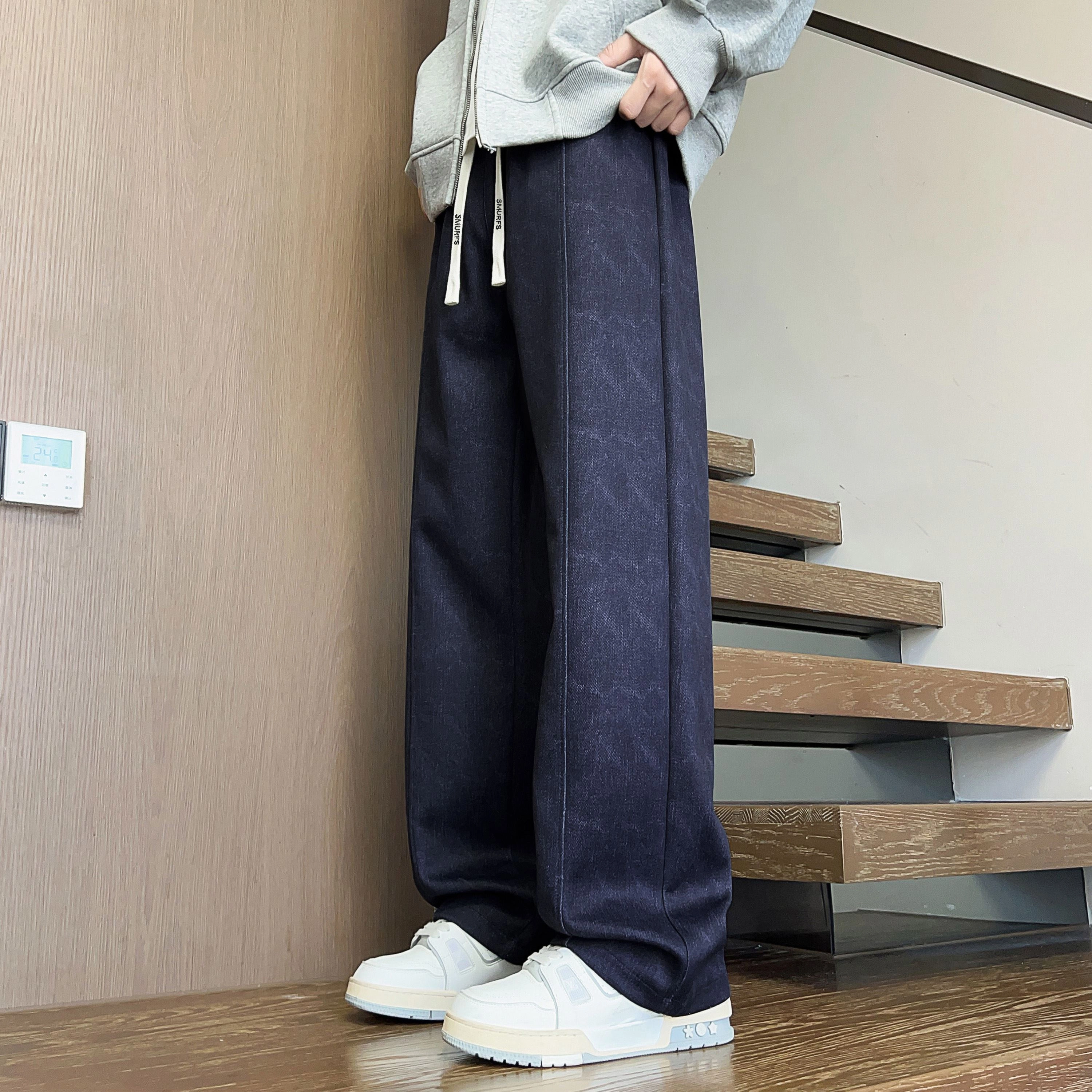 蓝精灵 显高显瘦显腿长垂感美式高街潮牌简约休闲扎染脏脏裤舒适柔软亲肤潮流百搭帅气时尚日常通勤系带宽松直筒阔腿针织运动裤 男女同款