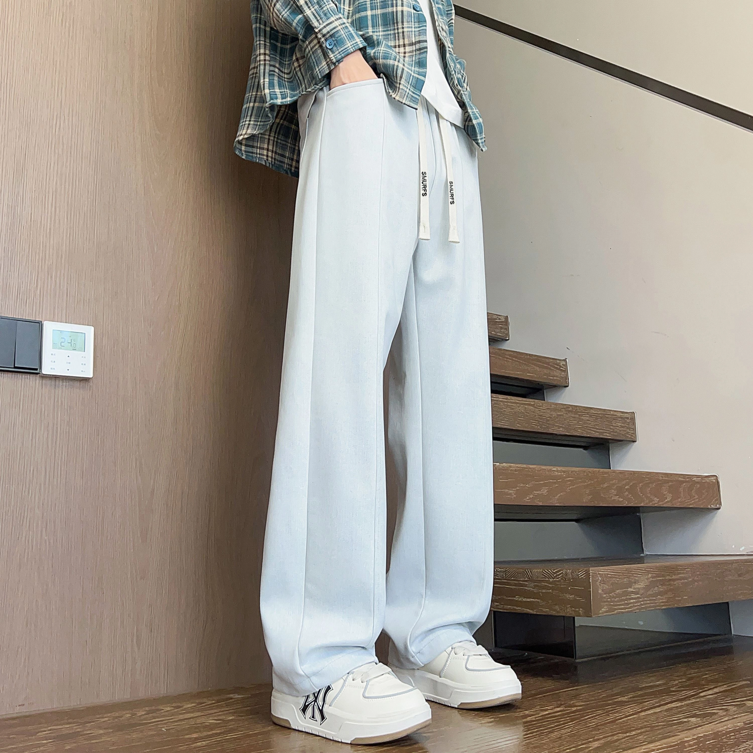 蓝精灵 显高显瘦显腿长垂感美式高街潮牌简约休闲扎染脏脏裤舒适柔软亲肤潮流百搭帅气时尚日常通勤系带宽松直筒阔腿针织运动裤 男女同款