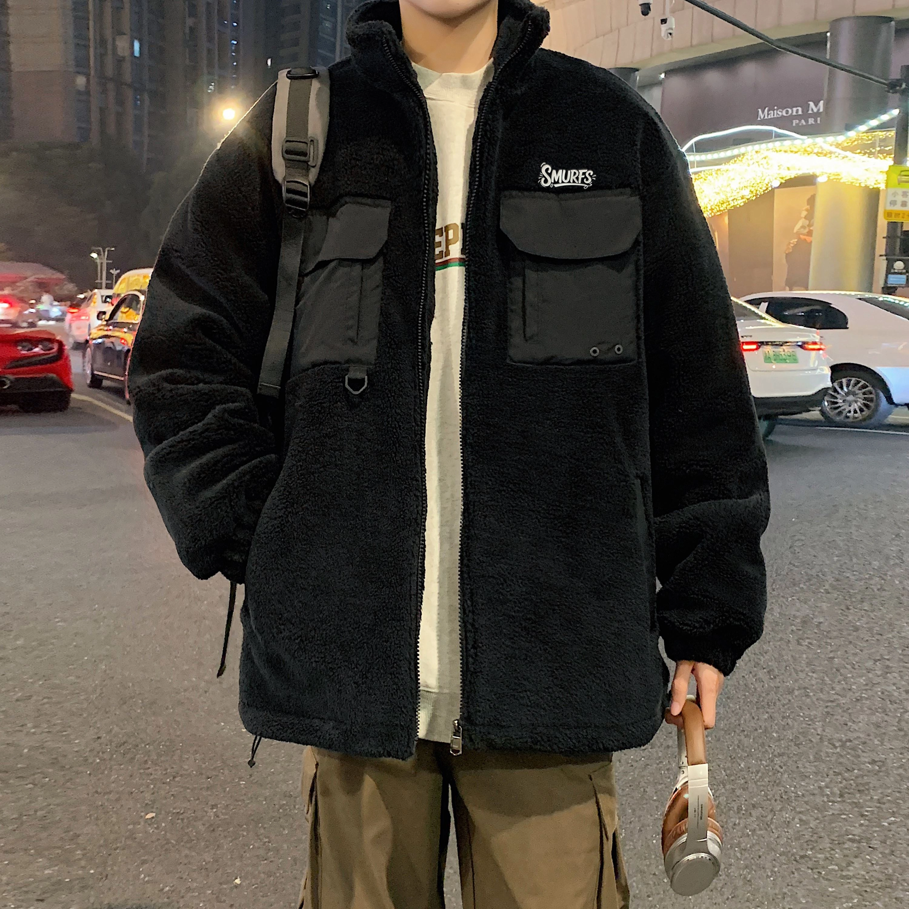 蓝精灵 显高显瘦羊羔毛加绒加厚保暖棉衣美式高街潮牌复古简约纯色休闲宽松棉袄子防风防寒休闲外套情侣潮流百搭帅气棉服 男女同款