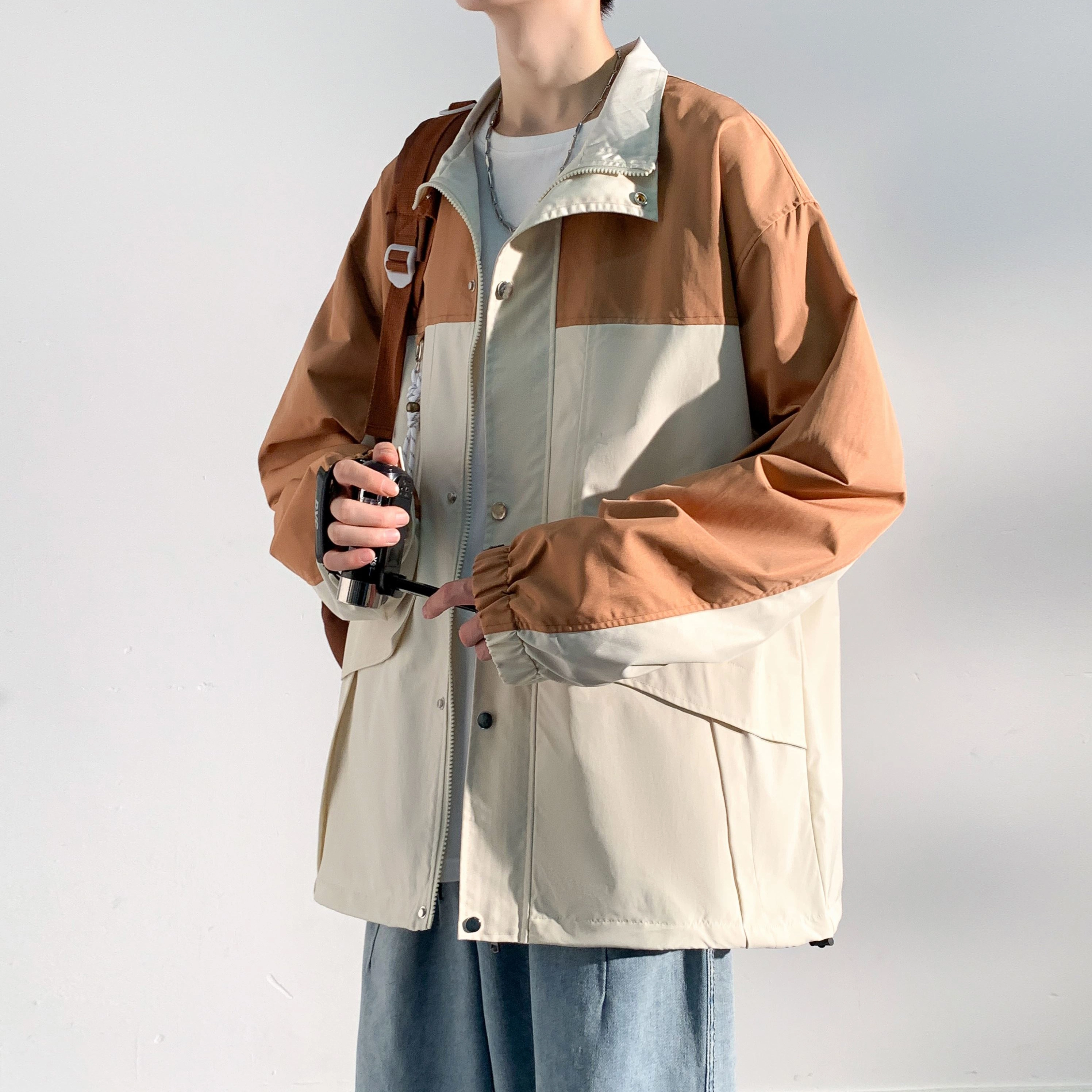 蓝精灵  防风防水户外机能风美式高街潮牌复古撞色拼接休闲翻领拉链开衫外套帅气情侣潮流百搭宽松飞行员教练山系夹克 男女同款