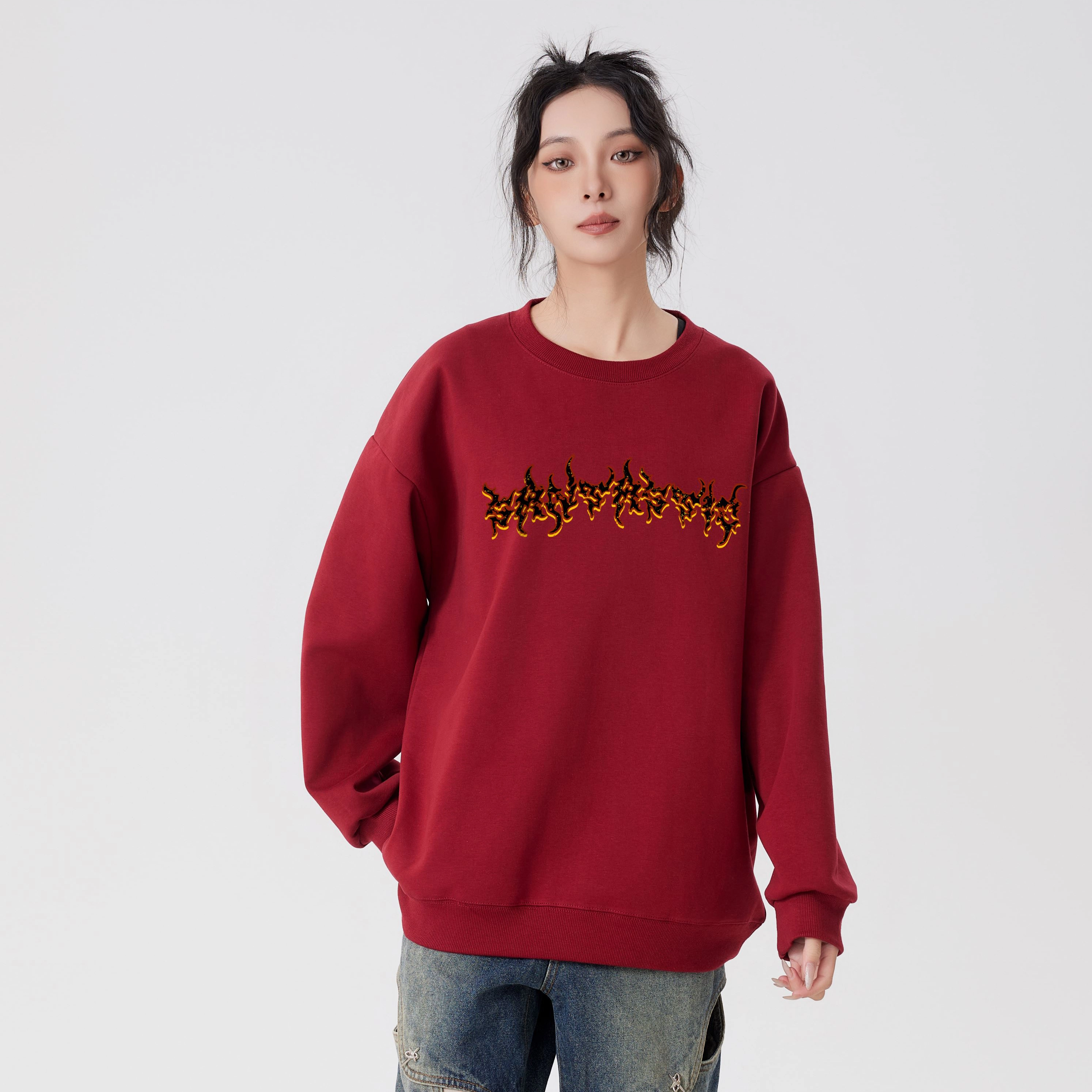 蓝精灵 美式高街潮纯色简约设计宽松舒适百搭时尚户外日常通勤圆领落肩袖卫衣 男女同款