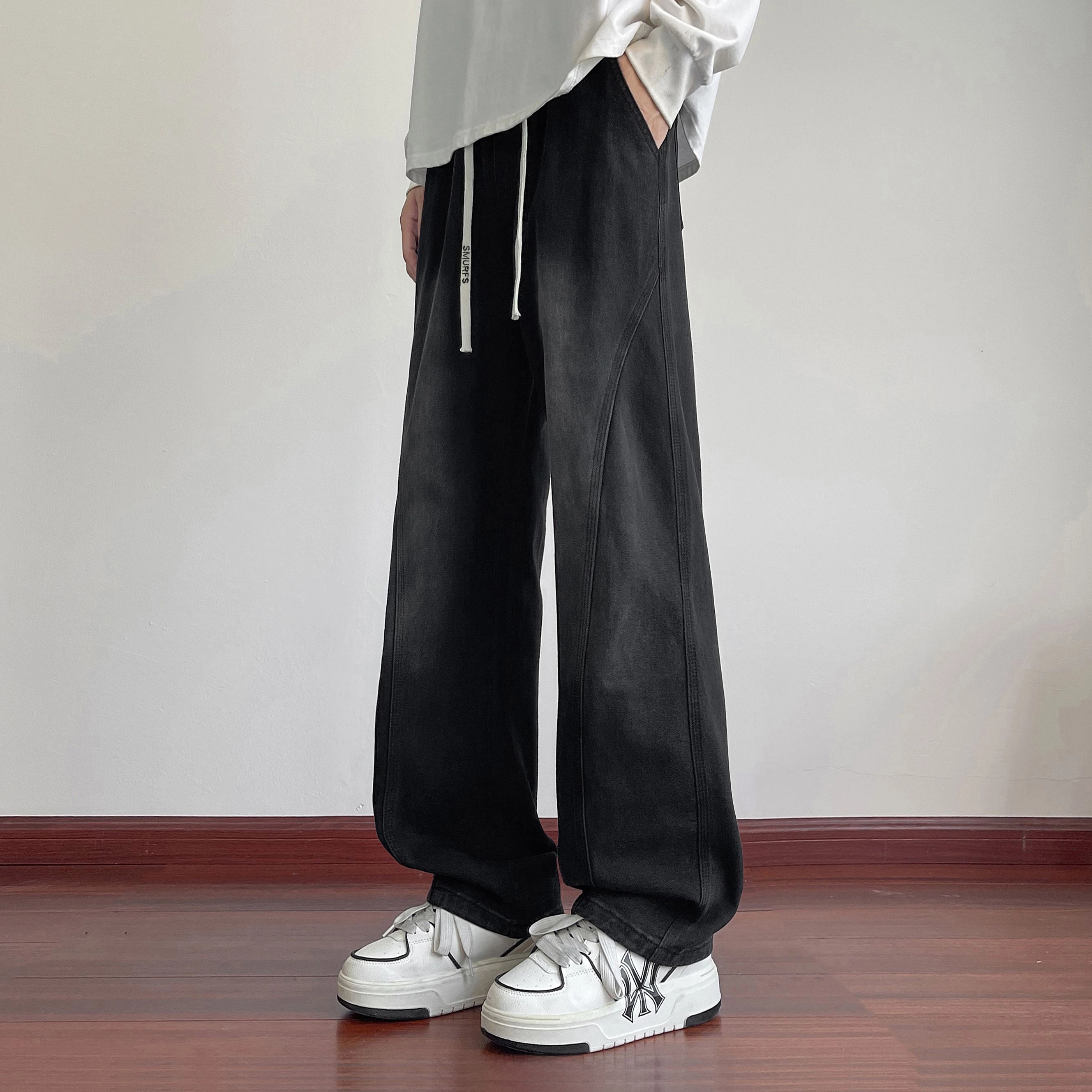 蓝精灵 巴黎柳叶弯刀显高显瘦垂感美式高街潮牌复古水洗做旧渐变简约情侣潮流百搭帅气柔软舒适亲肤宽松直筒阔腿牛仔裤 男女同款