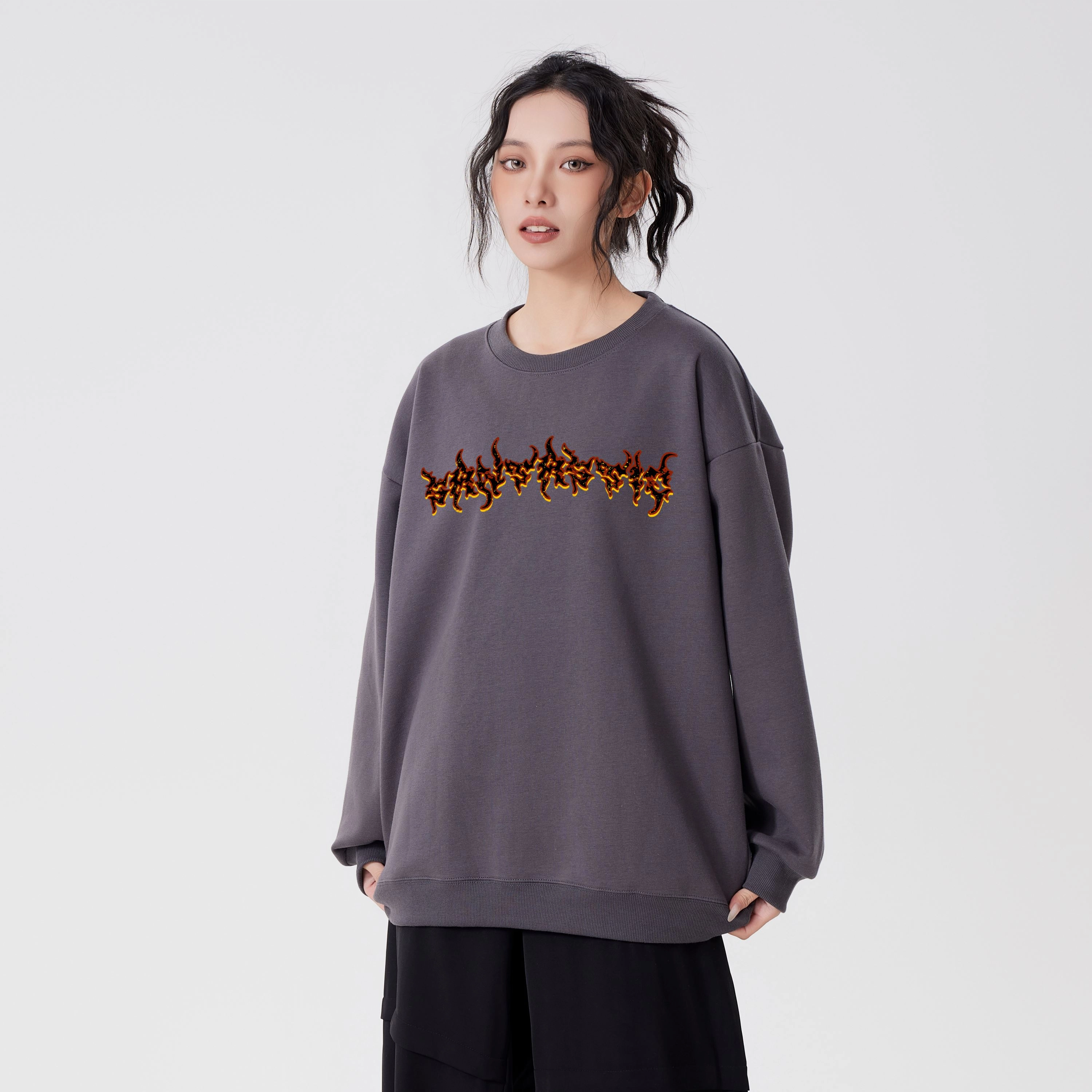 蓝精灵 美式高街潮纯色简约设计宽松舒适百搭时尚户外日常通勤圆领落肩袖卫衣 男女同款