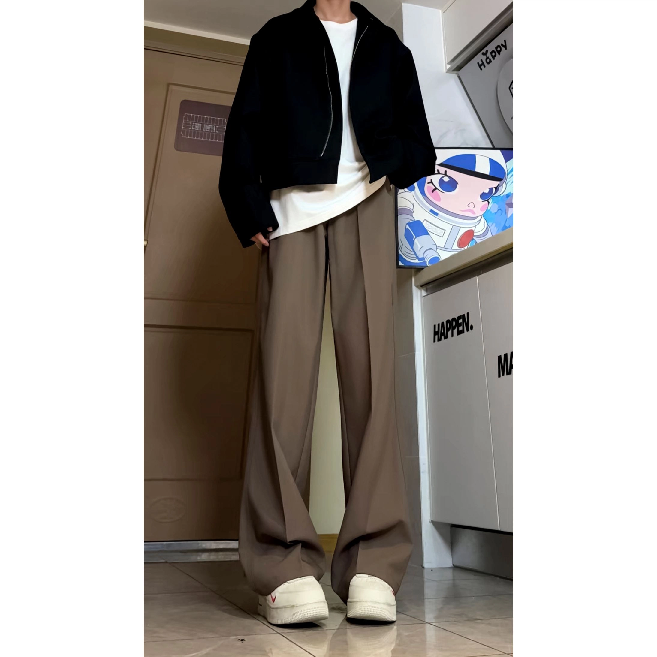 蓝精灵 三本针美式高街潮牌简约纯色基础款休闲宽松经典时尚高级感慵懒松弛感帅气舒适柔软垂感日常通勤出行百搭直筒西装裤 男女同款