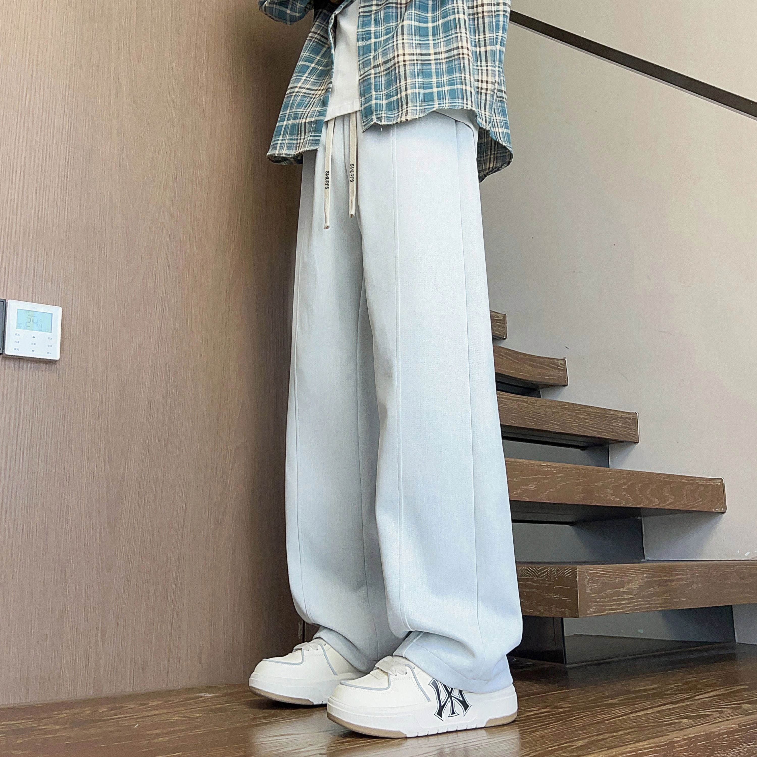 蓝精灵 显高显瘦显腿长垂感美式高街潮牌简约休闲扎染脏脏裤舒适柔软亲肤潮流百搭帅气时尚日常通勤系带宽松直筒阔腿针织运动裤 男女同款