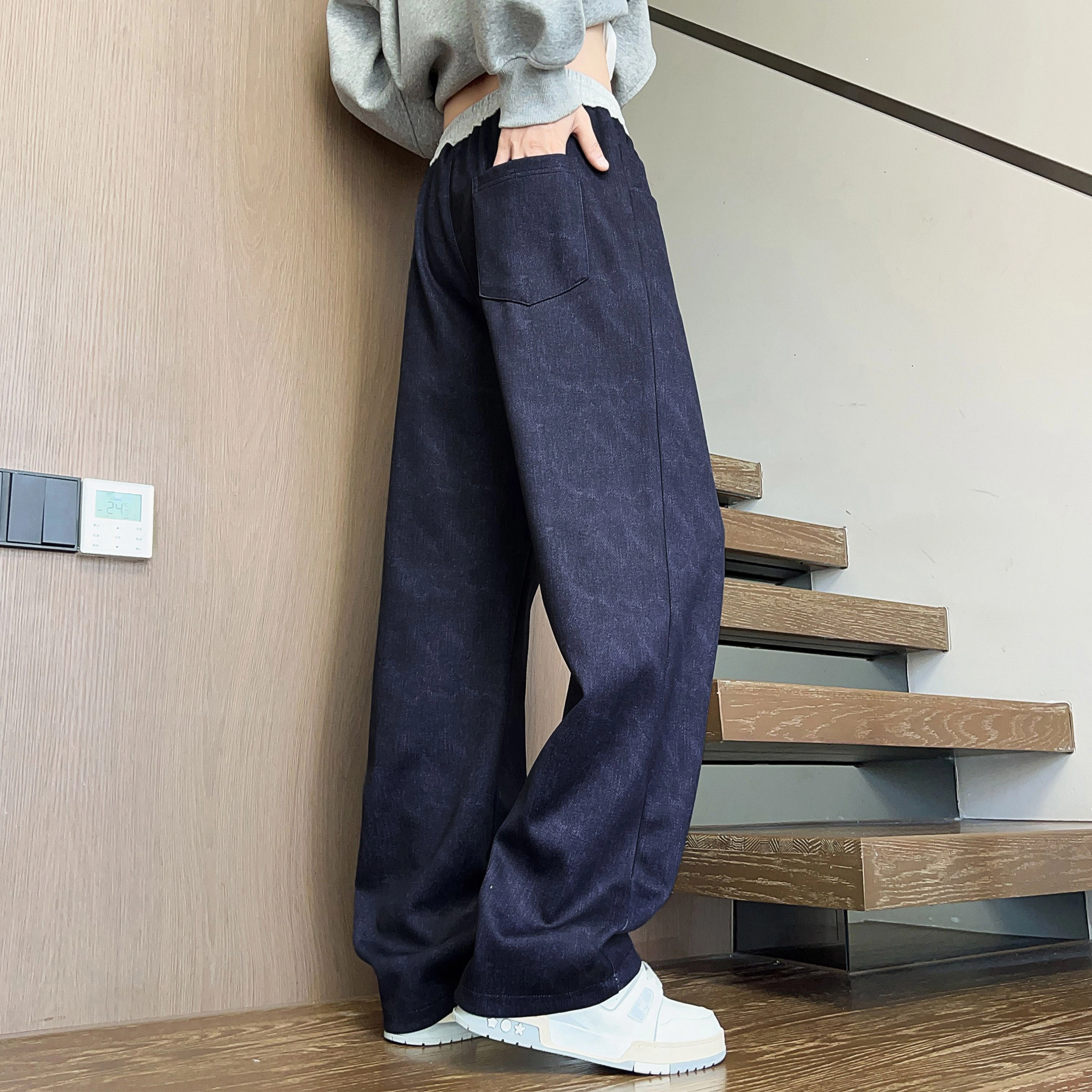 蓝精灵 显高显瘦显腿长垂感美式高街潮牌简约休闲扎染脏脏裤舒适柔软亲肤潮流百搭帅气时尚日常通勤系带宽松直筒阔腿针织运动裤 男女同款