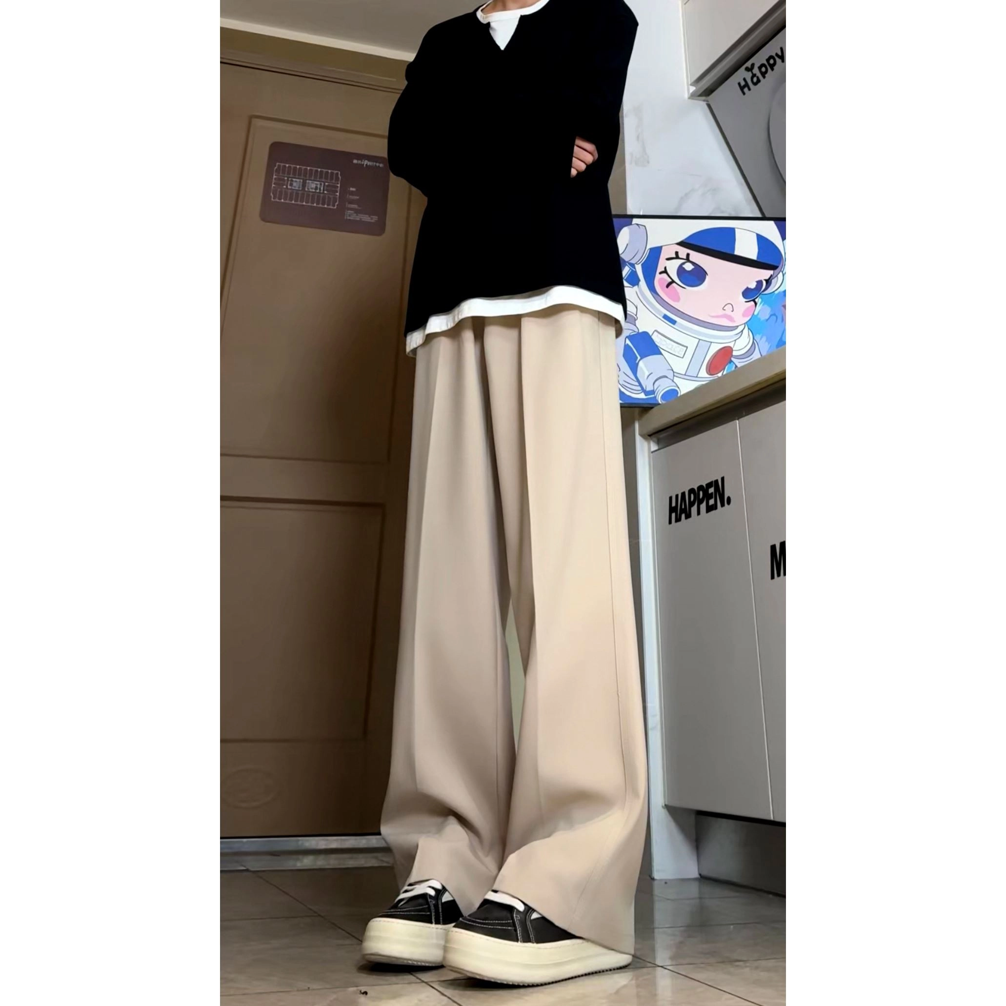 蓝精灵 三本针美式高街潮牌简约纯色基础款休闲宽松经典时尚高级感慵懒松弛感帅气舒适柔软垂感日常通勤出行百搭直筒西装裤 男女同款
