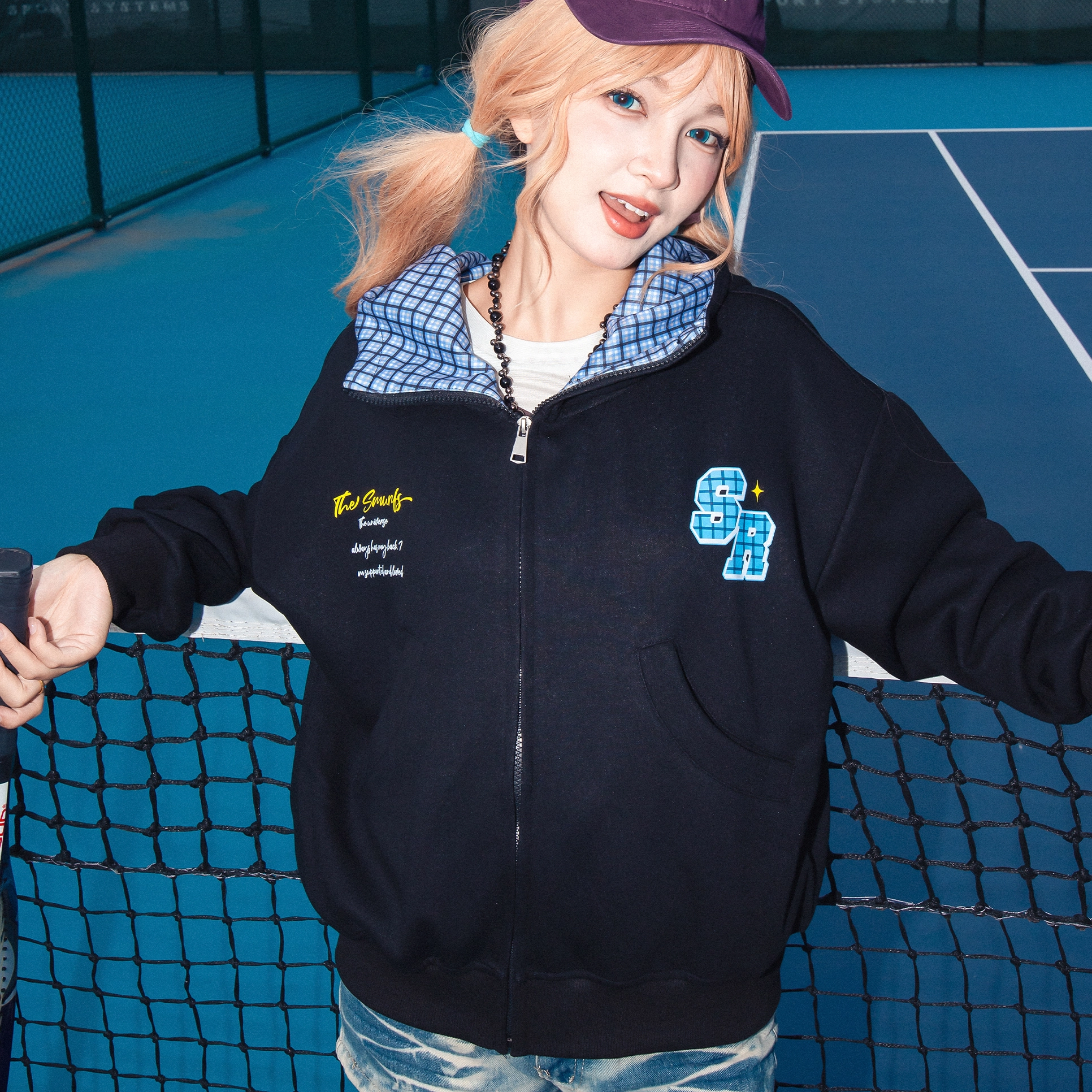 【Cleanfit棋盘格】蓝精灵 美式街头风创意字母印花个性设计重磅开衫连帽撞色外套宽松百搭拉链卫衣 男女同款