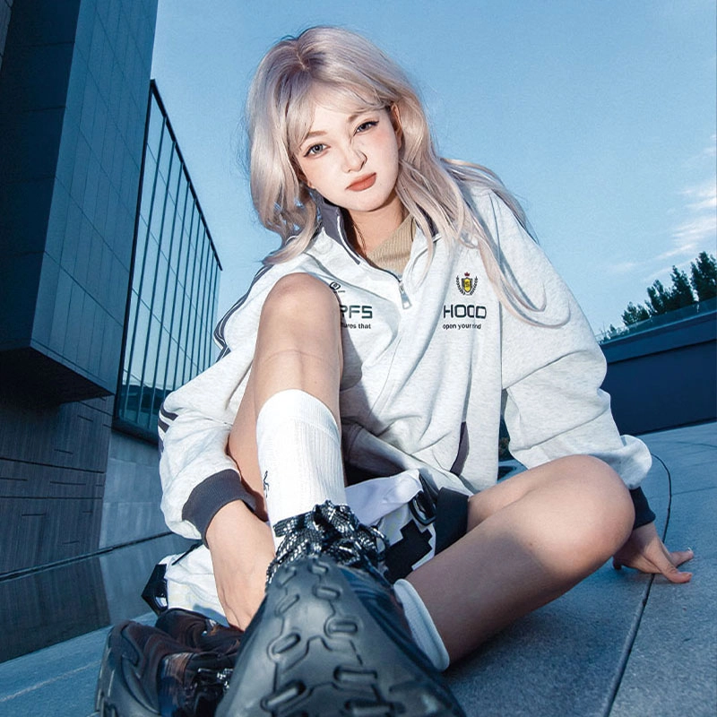 【Contrast学院风】蓝精灵 美式潮流教练服勋章字母印花撞色三条杠秋冬季立领拉链休闲拼接嘻哈设计感插肩袖开衫防风外套卫衣 男女同款