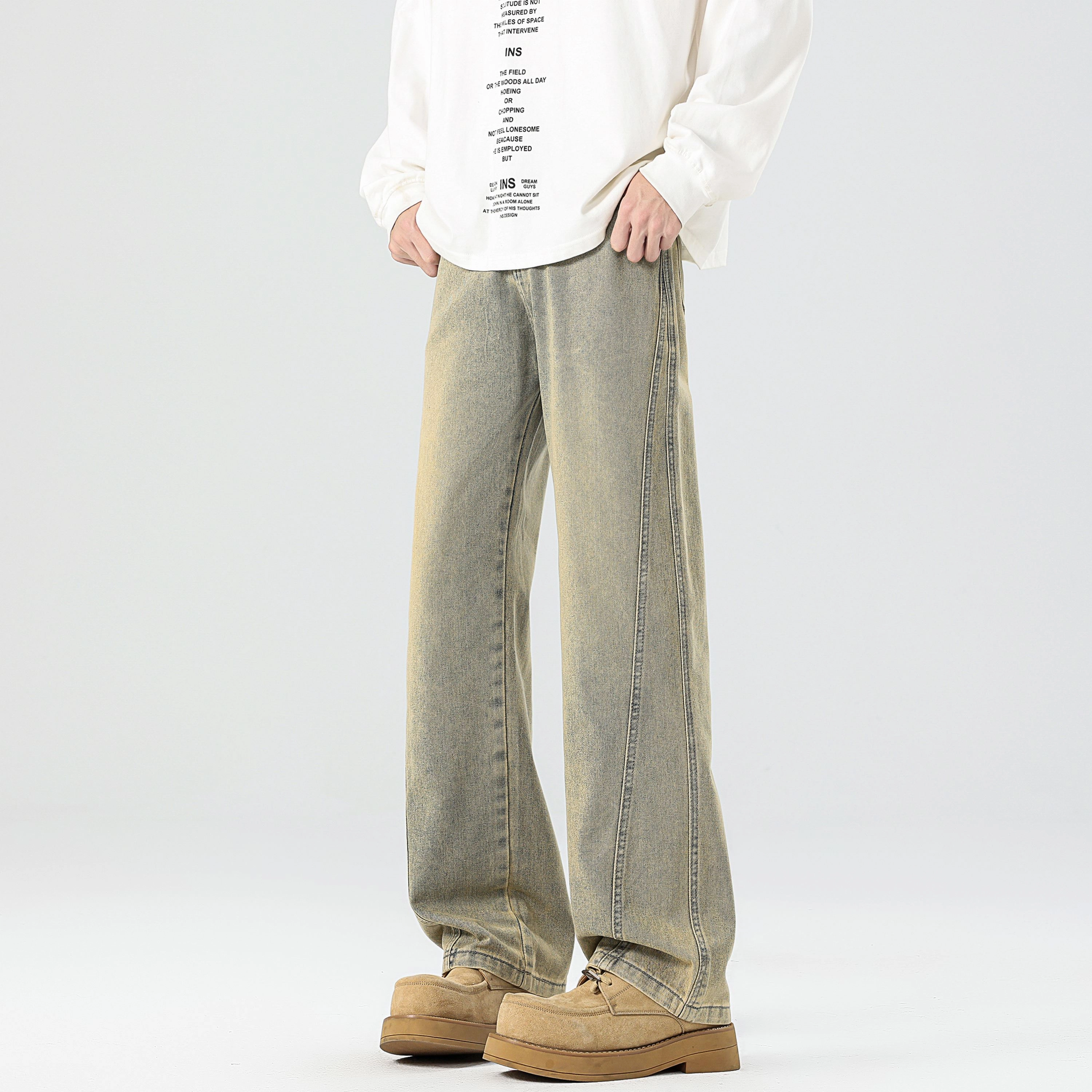 蓝精灵 巴黎柳叶弯刀显高显瘦垂感美式高街潮牌复古重工水洗做旧废土风帅气休闲柔软舒适亲肤情侣潮流百搭宽松直筒阔腿牛仔裤 男女同款