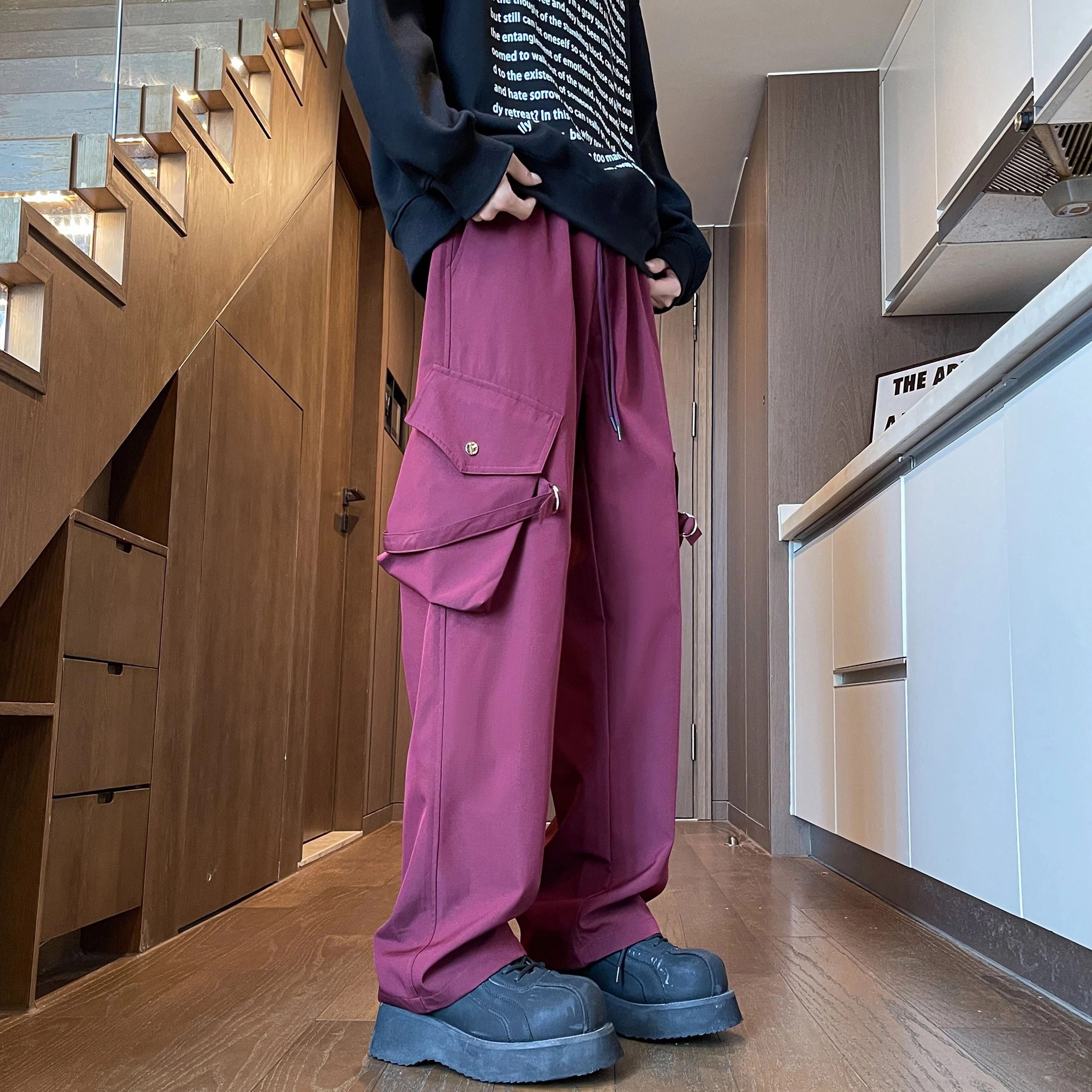 蓝精灵  美式高街潮牌纯色基础款简约显高显瘦帅气舒适城市户外机能风日常通勤情侣潮流百搭宽松直筒阔腿垂感休闲大口袋工装裤 男女同款