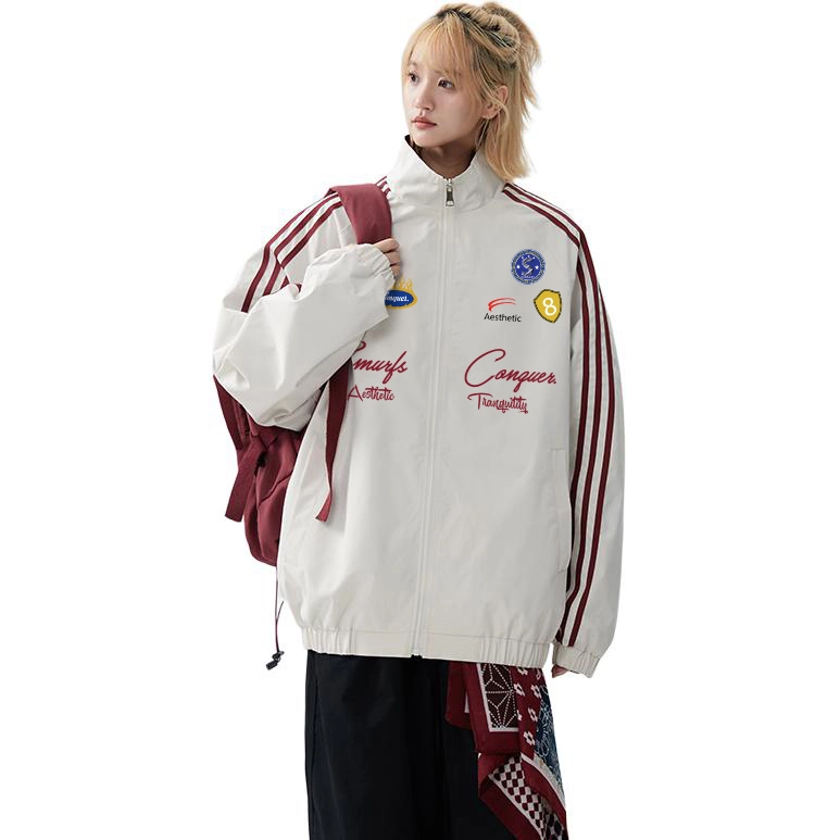 【Cleanfit棒球风】蓝精灵 潮流教练服勋章拼接嘻哈撞色双面穿立领秋冬运动机车风拉链休闲防风防溅水夹克外套 男女同款