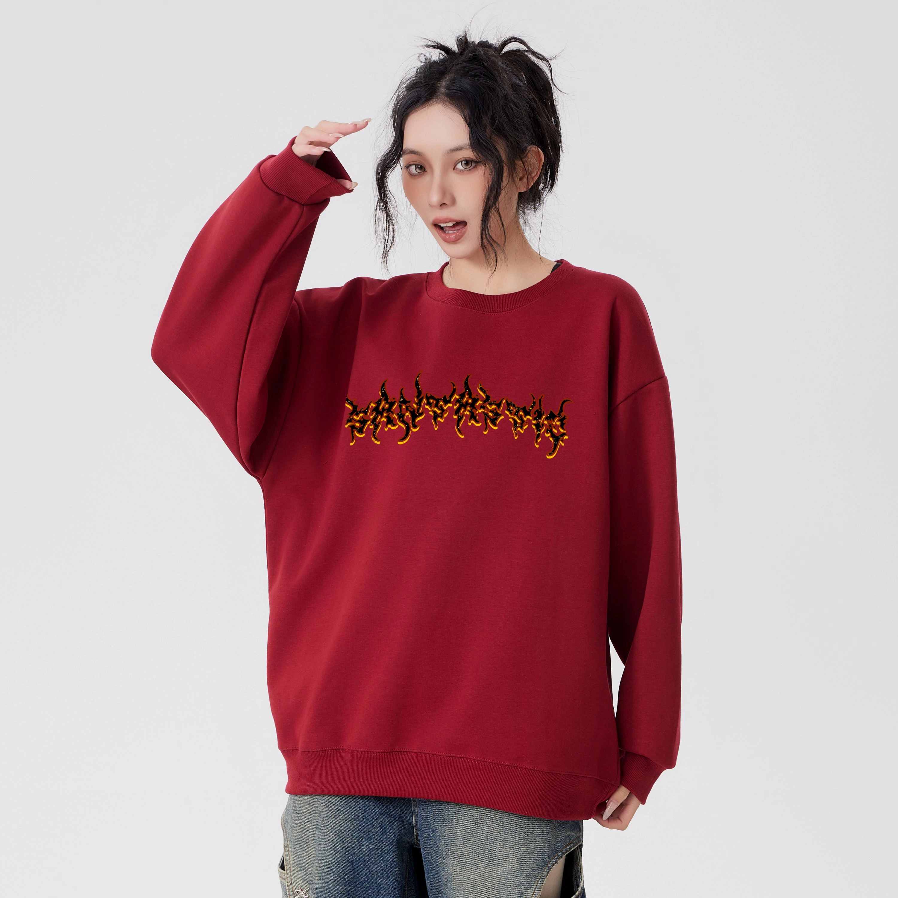 蓝精灵 美式高街潮纯色简约设计宽松舒适百搭时尚户外日常通勤圆领落肩袖卫衣 男女同款