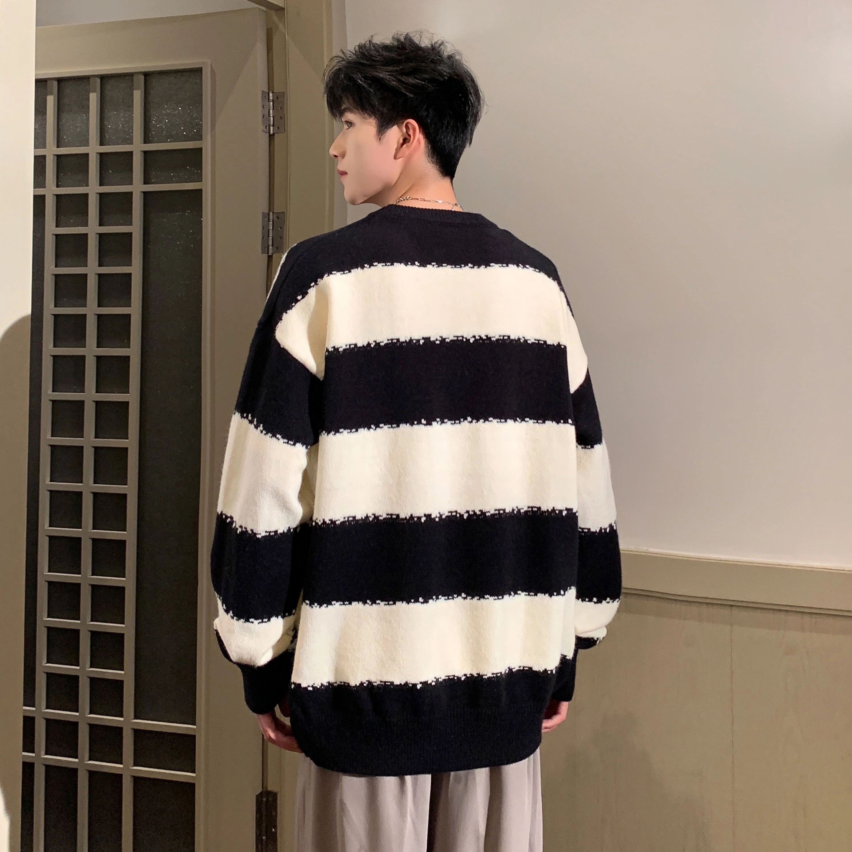 蓝精灵 显高显瘦遮肉美式高街潮牌简约条纹拼色慵懒风软糯保暖圆领套头毛线衣宽松舒适亲肤情侣潮流百搭时尚日常通勤休闲针织衫 男女同款