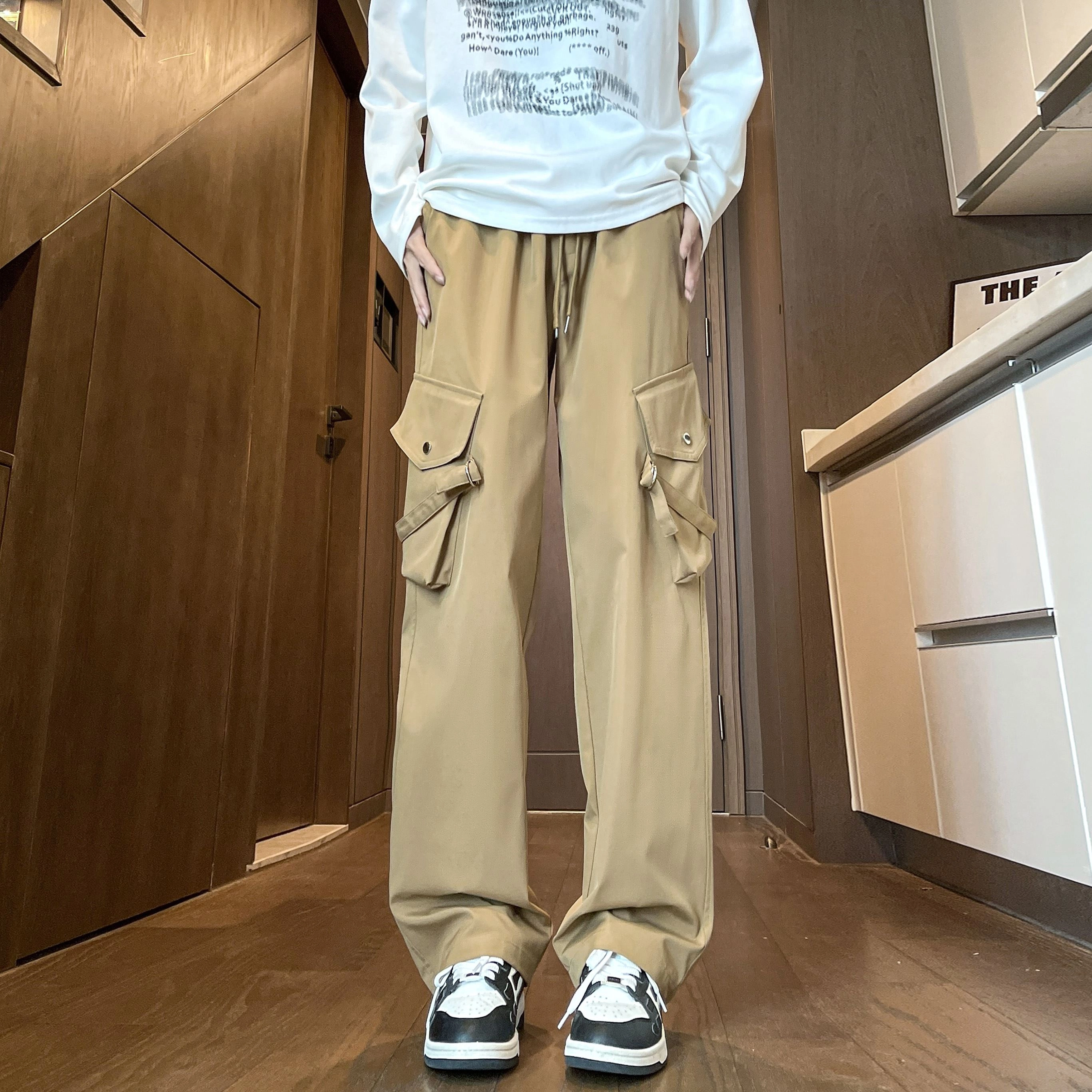 蓝精灵  美式高街潮牌纯色基础款简约显高显瘦帅气舒适城市户外机能风日常通勤情侣潮流百搭宽松直筒阔腿垂感休闲大口袋工装裤 男女同款