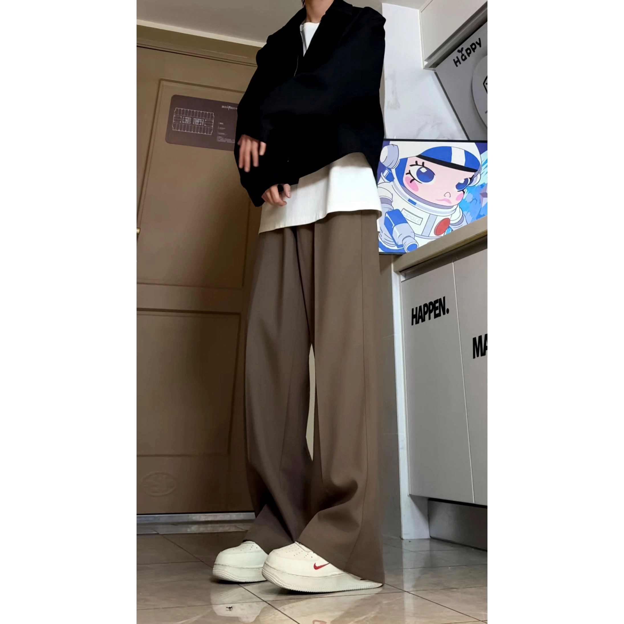 蓝精灵 三本针美式高街潮牌简约纯色基础款休闲宽松经典时尚高级感慵懒松弛感帅气舒适柔软垂感日常通勤出行百搭直筒西装裤 男女同款