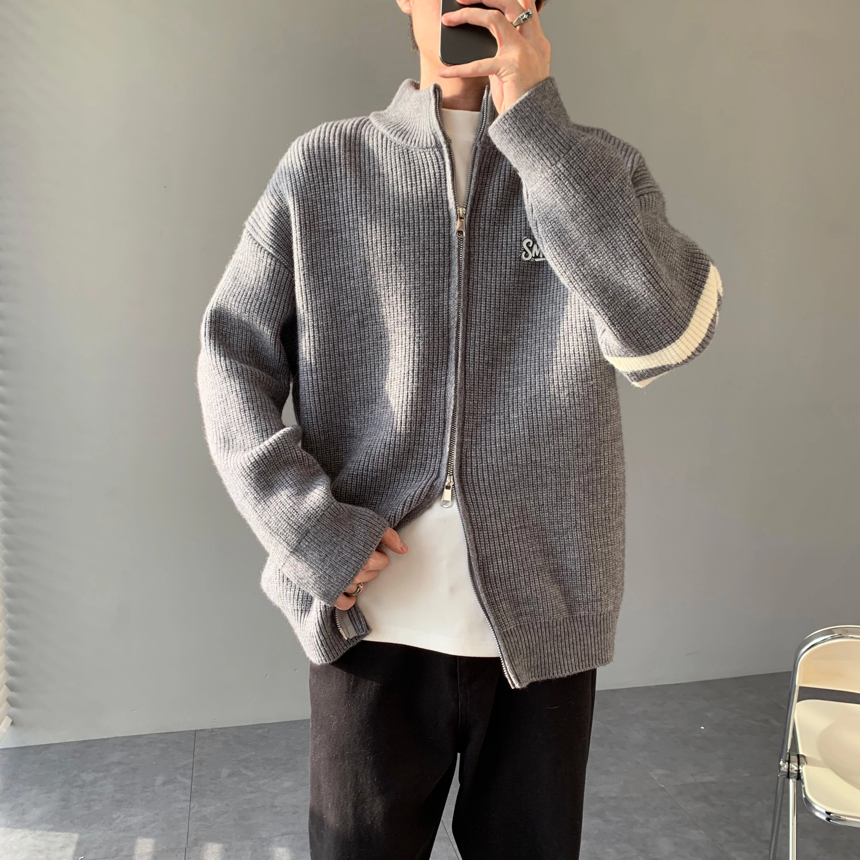 蓝精灵 显高显瘦软糯保暖美式高街潮牌休闲宽松简约基础款毛线衣双拉链开衫外套慵懒松弛感舒适柔软亲肤帅气情侣潮流百搭针织衫 男女同款