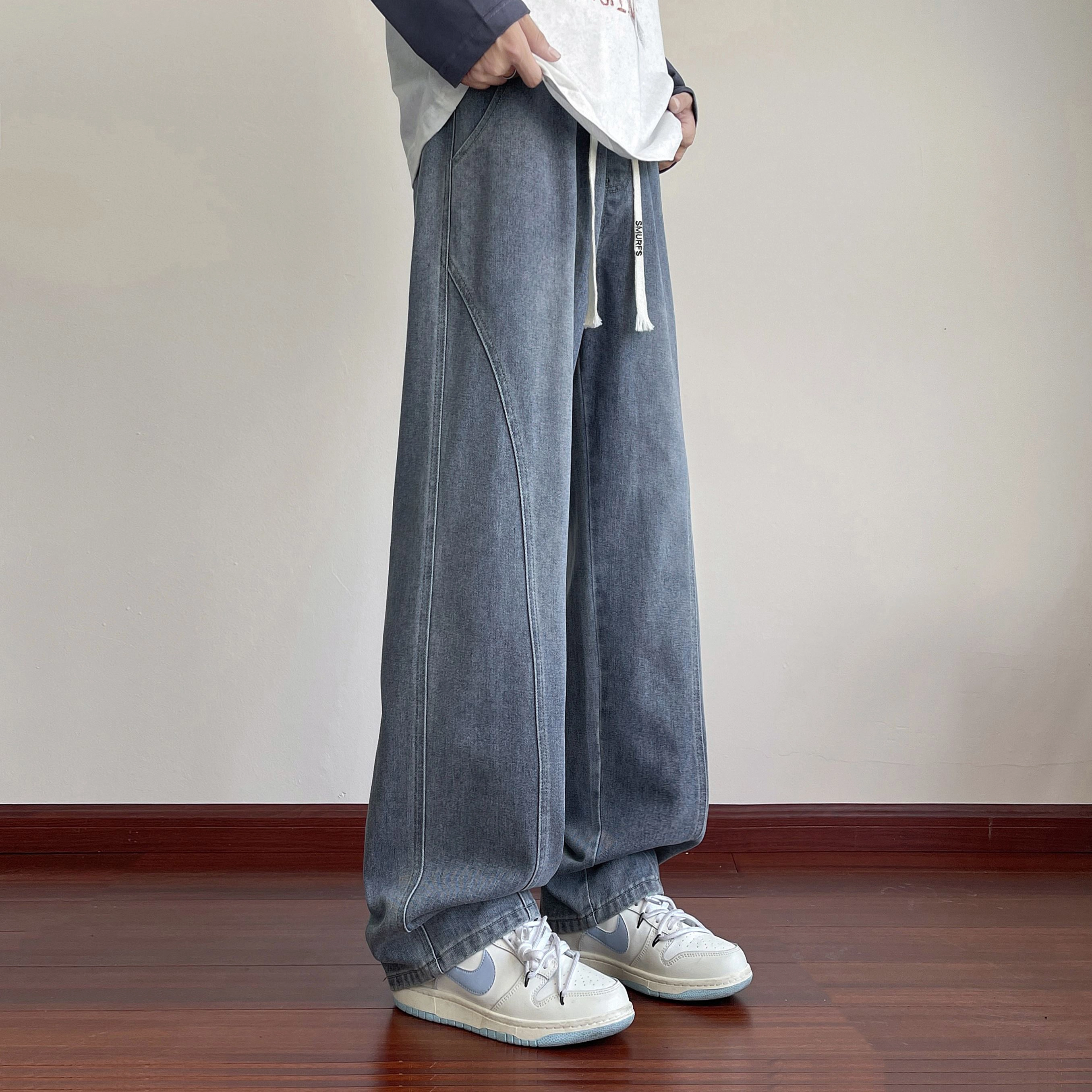 蓝精灵 巴黎柳叶弯刀显高显瘦垂感美式高街潮牌复古水洗做旧渐变简约情侣潮流百搭帅气柔软舒适亲肤宽松直筒阔腿牛仔裤 男女同款