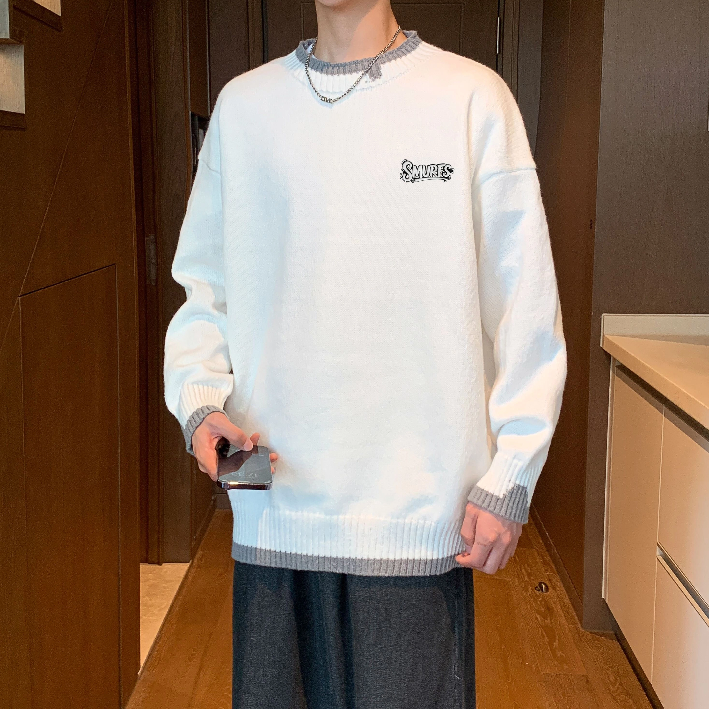 蓝精灵 显高显瘦遮肉美式高街潮牌纯色简约拼色慵懒风松弛感圆领套头毛线衣宽松舒适柔软亲肤潮流百搭日常通勤软糯保暖针织衫 男女同款