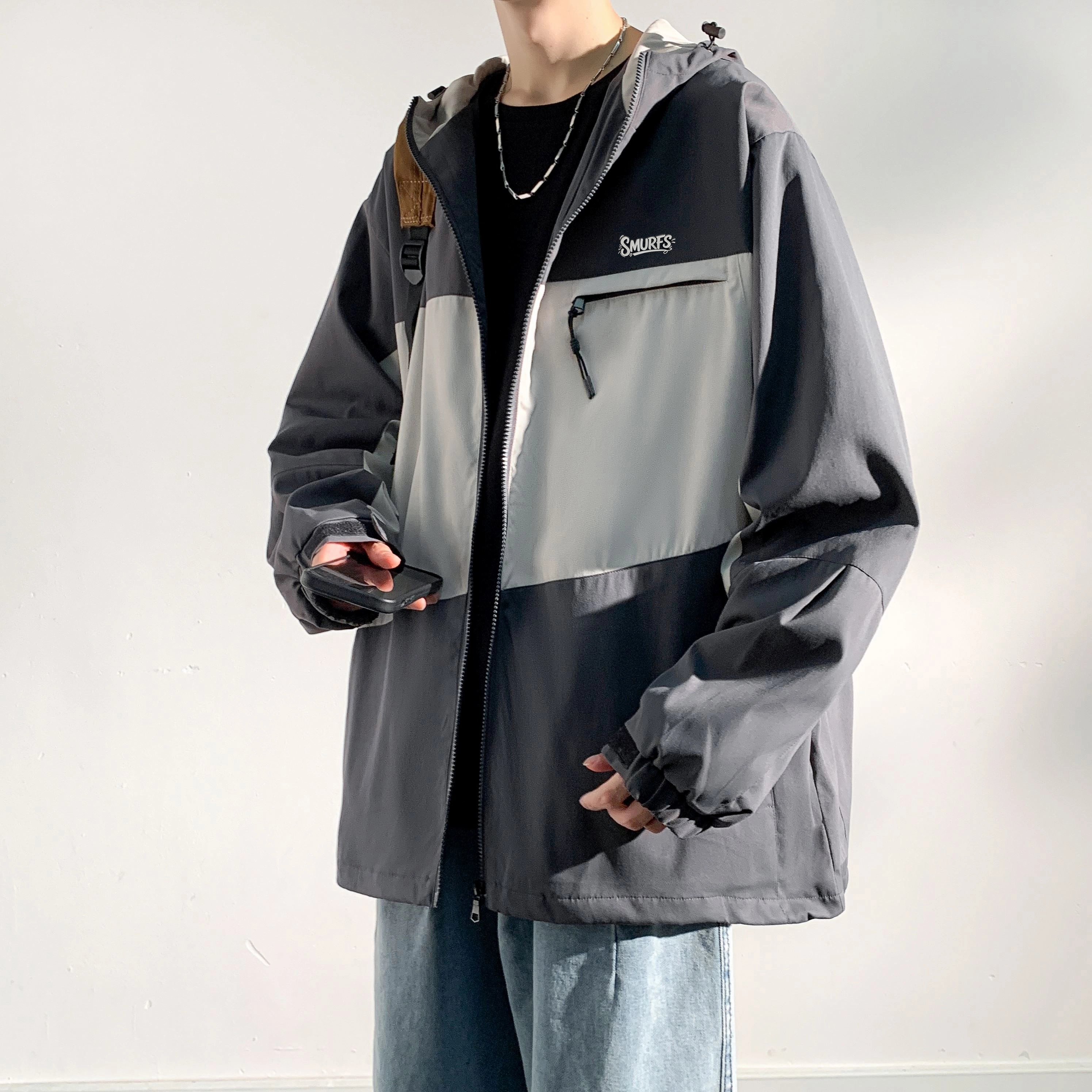 蓝精灵 美式高街潮牌复古简约个性撞色拼接小众设计时尚帅气显高显瘦休闲连帽外套情侣潮流百搭舒适日常通勤运动宽松夹克 男女同款