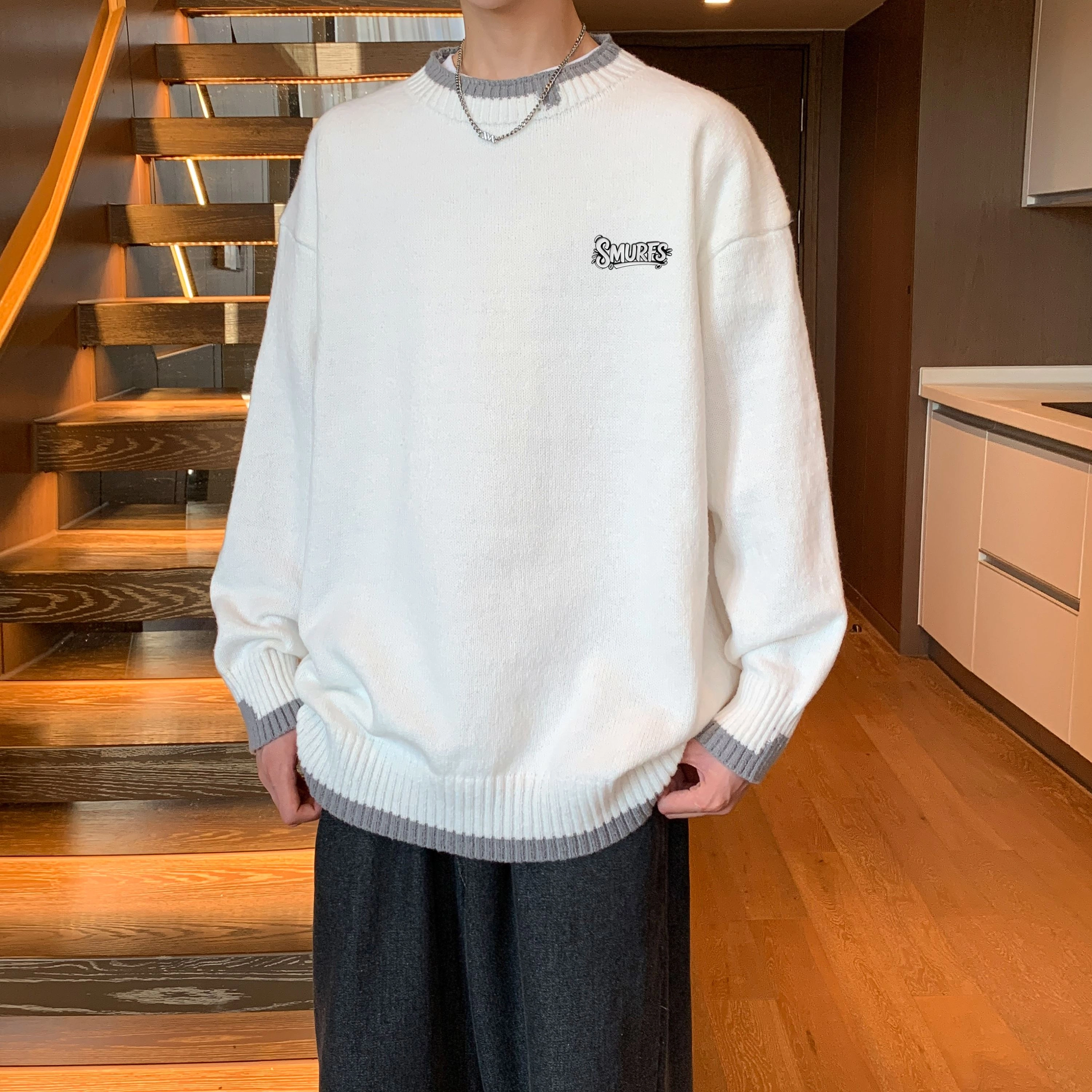 蓝精灵 显高显瘦遮肉美式高街潮牌纯色简约拼色慵懒风松弛感圆领套头毛线衣宽松舒适柔软亲肤潮流百搭日常通勤软糯保暖针织衫 男女同款