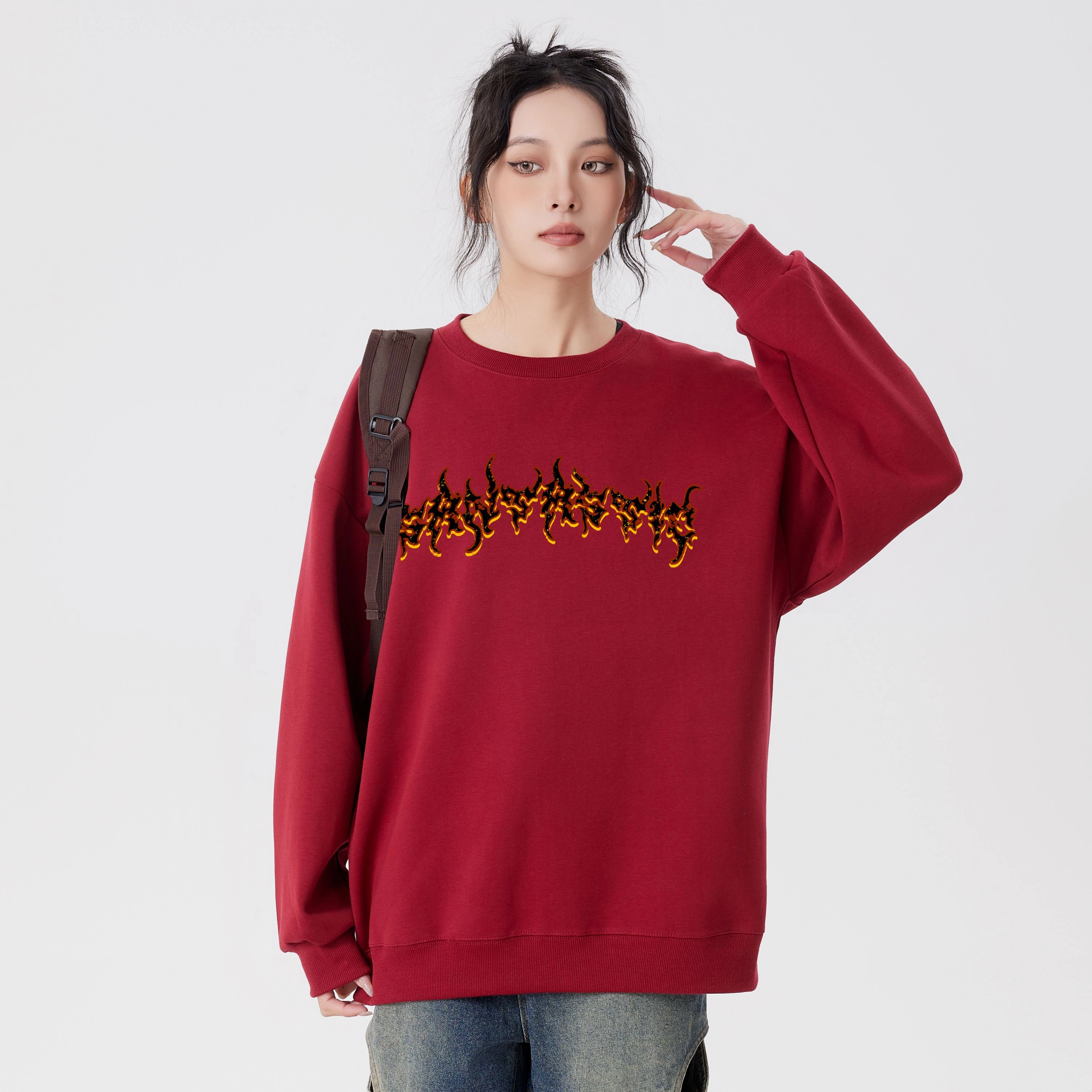 蓝精灵 美式高街潮纯色简约设计宽松舒适百搭时尚户外日常通勤圆领落肩袖卫衣 男女同款