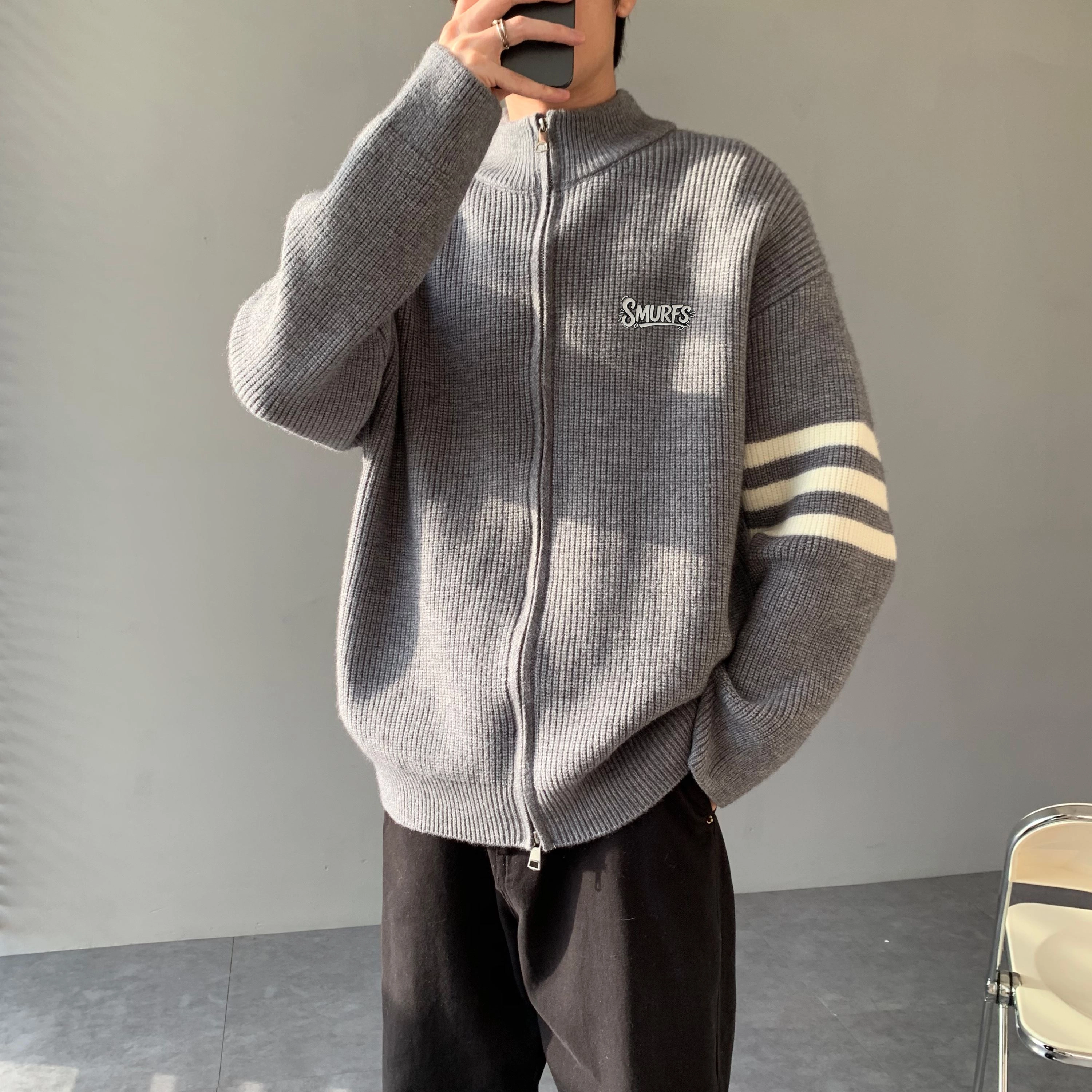蓝精灵 显高显瘦软糯保暖美式高街潮牌休闲宽松简约基础款毛线衣双拉链开衫外套慵懒松弛感舒适柔软亲肤帅气情侣潮流百搭针织衫 男女同款