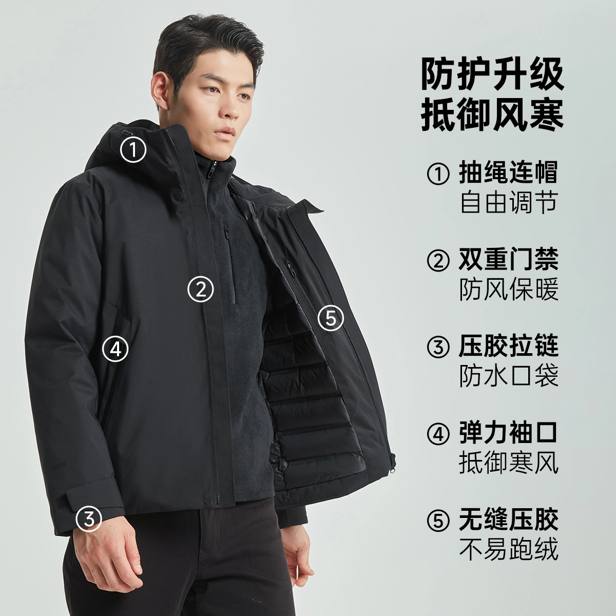 利郎 连帽防水保暖商务休闲白鸭绒纯色宽松极简风长袖羽绒服 男款 黑色