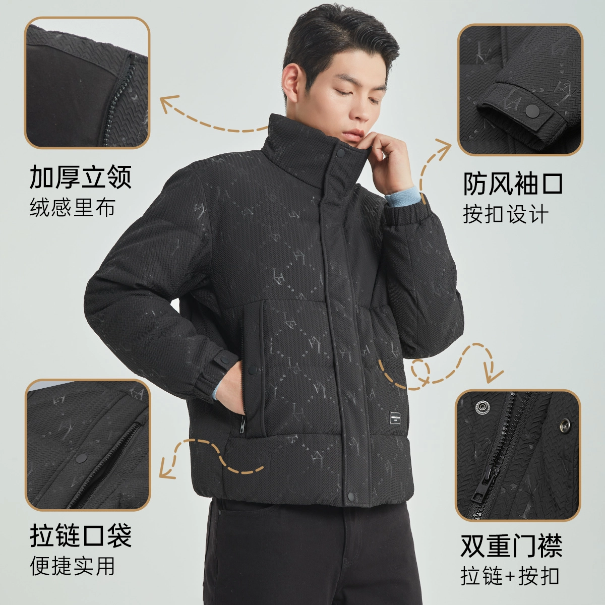 利郎 寒冷系列立领短款纯色保暖商务休闲白鸭绒极简风宽松质感羽绒服 男款 黑
