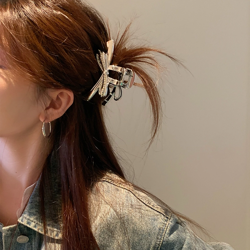 芒果饰品 韩系冷淡风银色水钻蝴蝶结 亚克力 发夹 女款