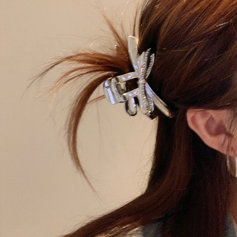 芒果饰品 韩系冷淡风银色水钻蝴蝶结 亚克力 发夹 女款
