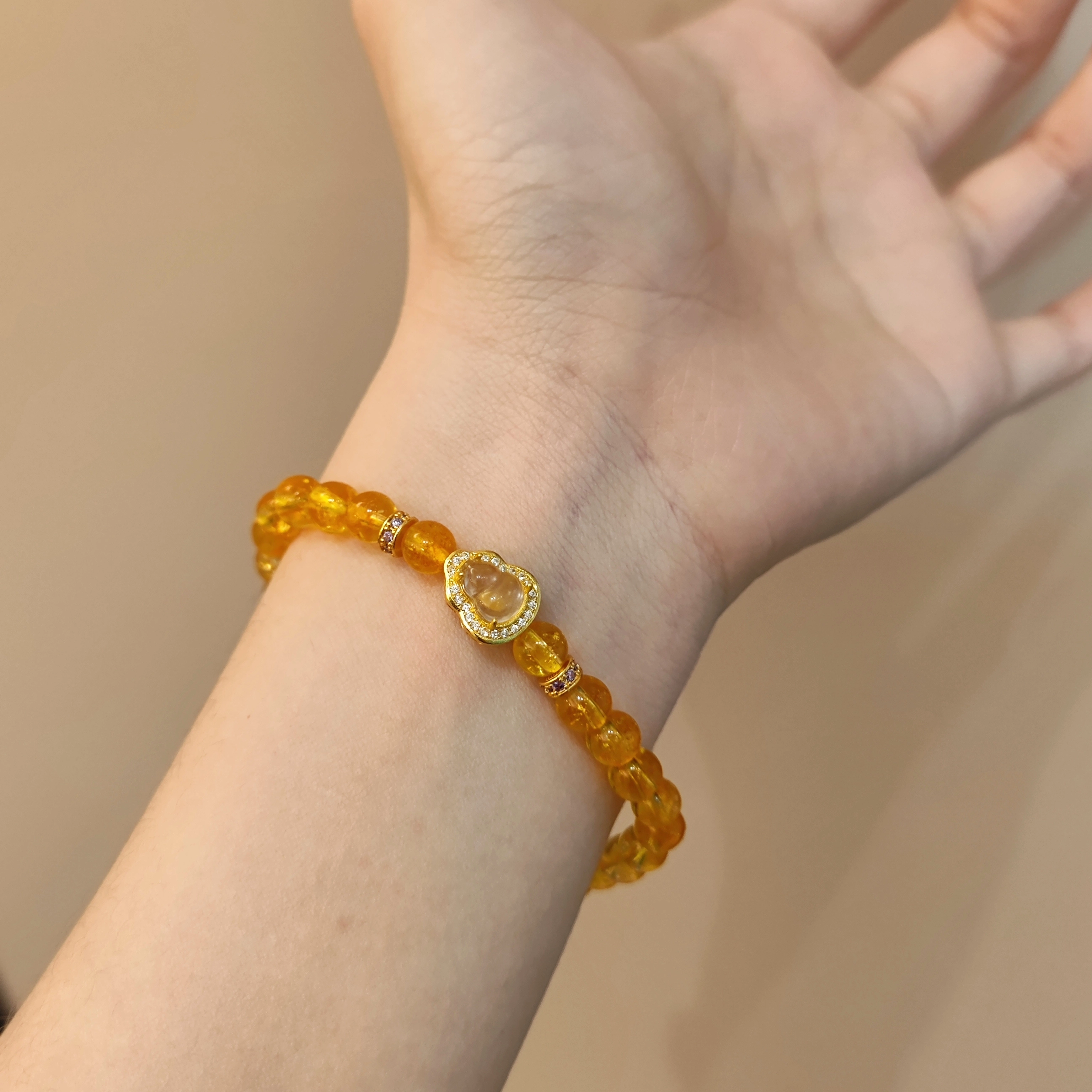金杰福 黄水晶招财叠戴算盘葫芦财运暴富本命年高级感首饰天然 黄发晶 手串 女款