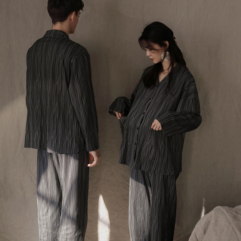 同语 情侣睡衣女春秋季纯棉薄款家居服男女全棉休闲韩版可外出套装 家居套装 情侣款 深灰色