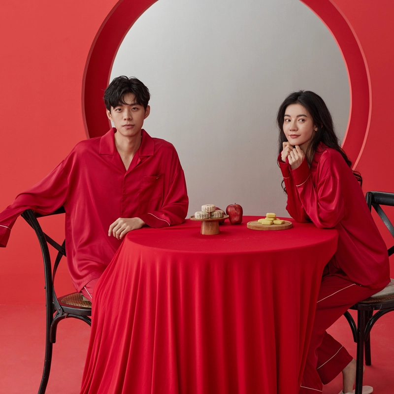 同语 红色睡衣春秋季冰丝长袖套装男士结婚喜庆家居服秋冬 家居套装 男款 大红 礼盒款