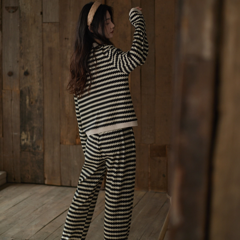 同语  睡衣女春秋季柔软棉套装时尚条纹可外穿小香风家居服女士 家居套装 女款 参差黑白条纹