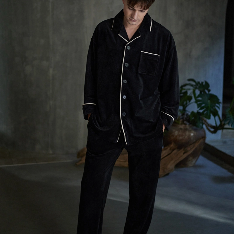 同语 睡衣海岛绒秋冬季加厚男士套装可外穿珊瑚绒家居服冬天 家居套装 男款 墨蓝色