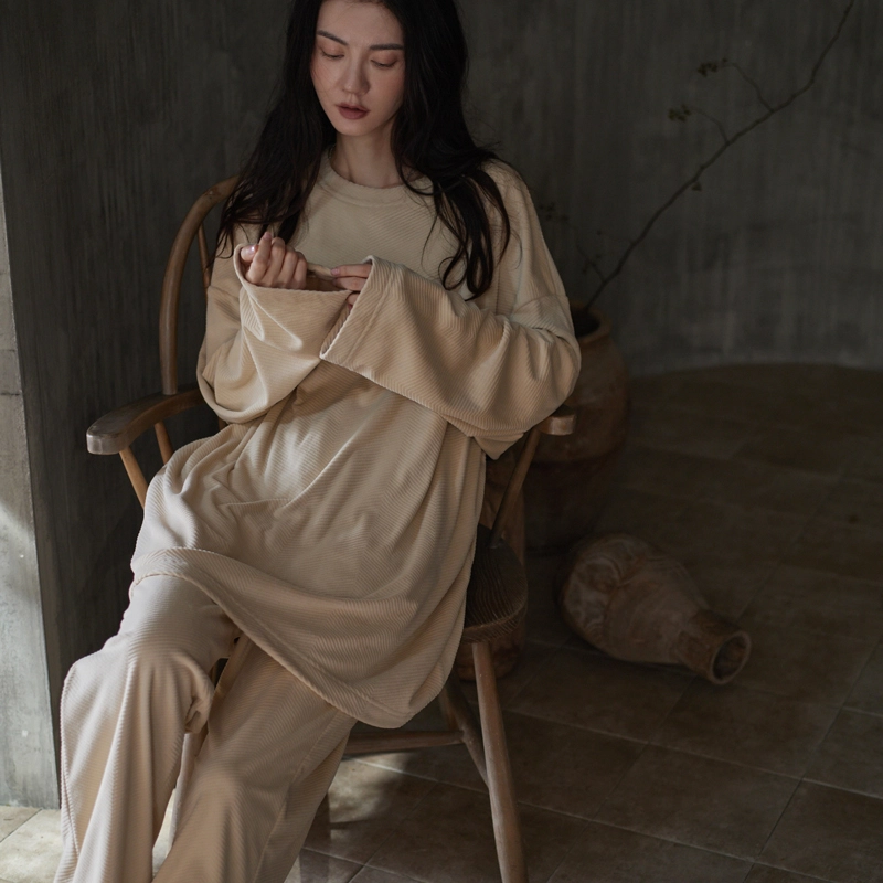 同语 睡衣女秋冬季海岛绒加厚套装女士珊瑚绒休闲可外穿家居服冬天 家居套装 女款 浅杏色