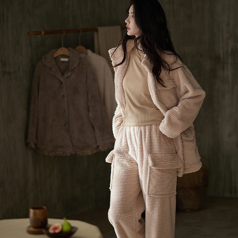 同语 珊瑚绒睡衣女加厚秋冬季女士家居服可外穿休闲套装冬天加绒款 家居套装 女款 月季粉
